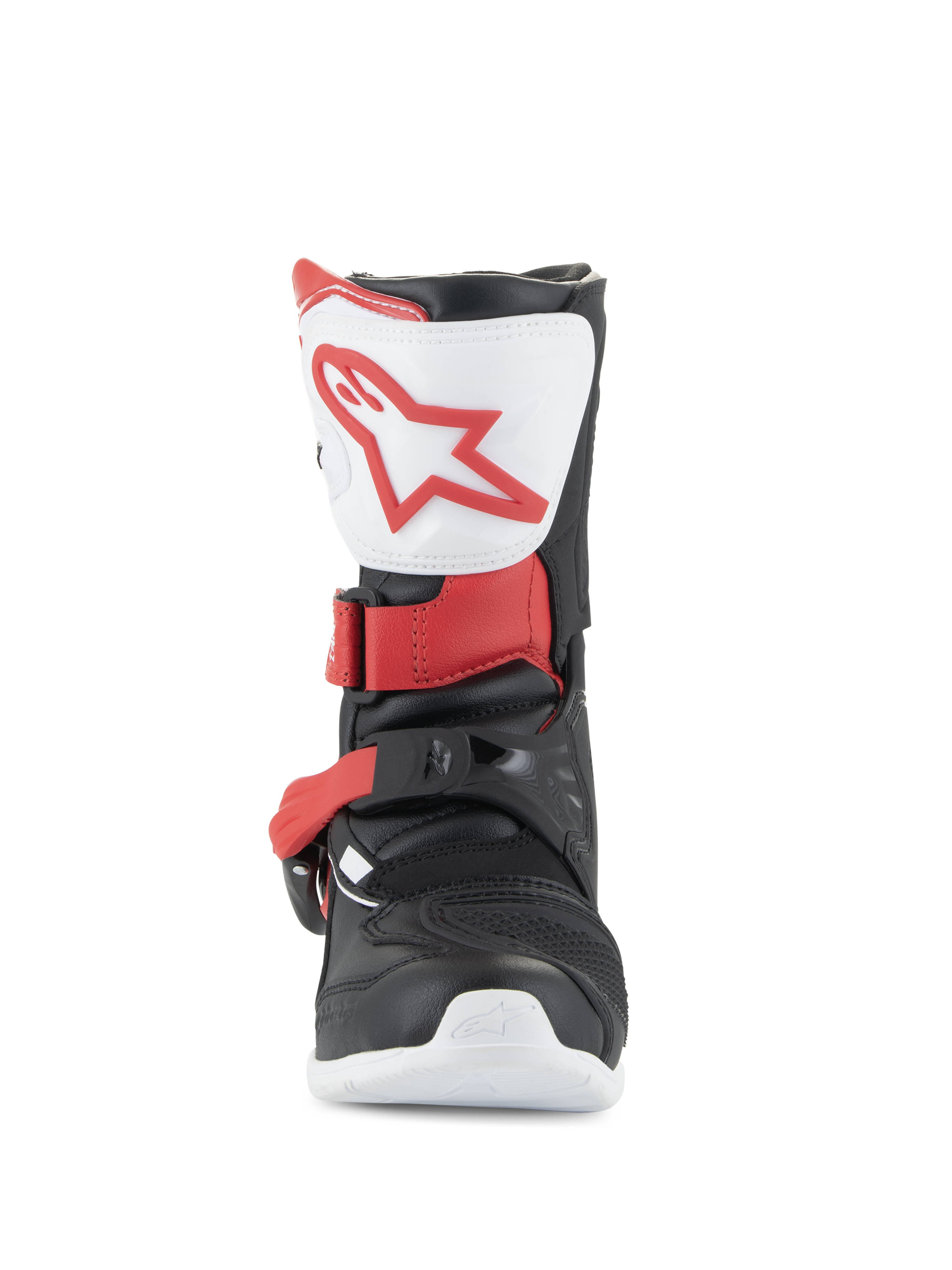 Stivali Alpinestars Tech 3S Bambino, stivali da motocross, bianco, nero e rosso brillante, vista frontale che mostra la piastra tibiale bianca con logo rosso, struttura nera con cinturini delle fibbie rossi, calzatura protettiva da fuoristrada per giovani piloti