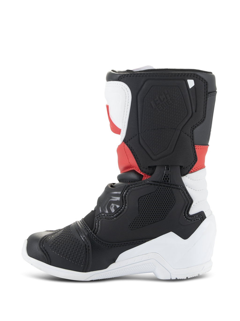 Stivali Alpinestars Kids Tech 3S, stivali da motocross, bianco, nero e rosso brillante, profilo laterale con pannelli protettivi in TPU, punta e tallone rinforzati e design della lama laterale testurizzata per corse fuoristrada.