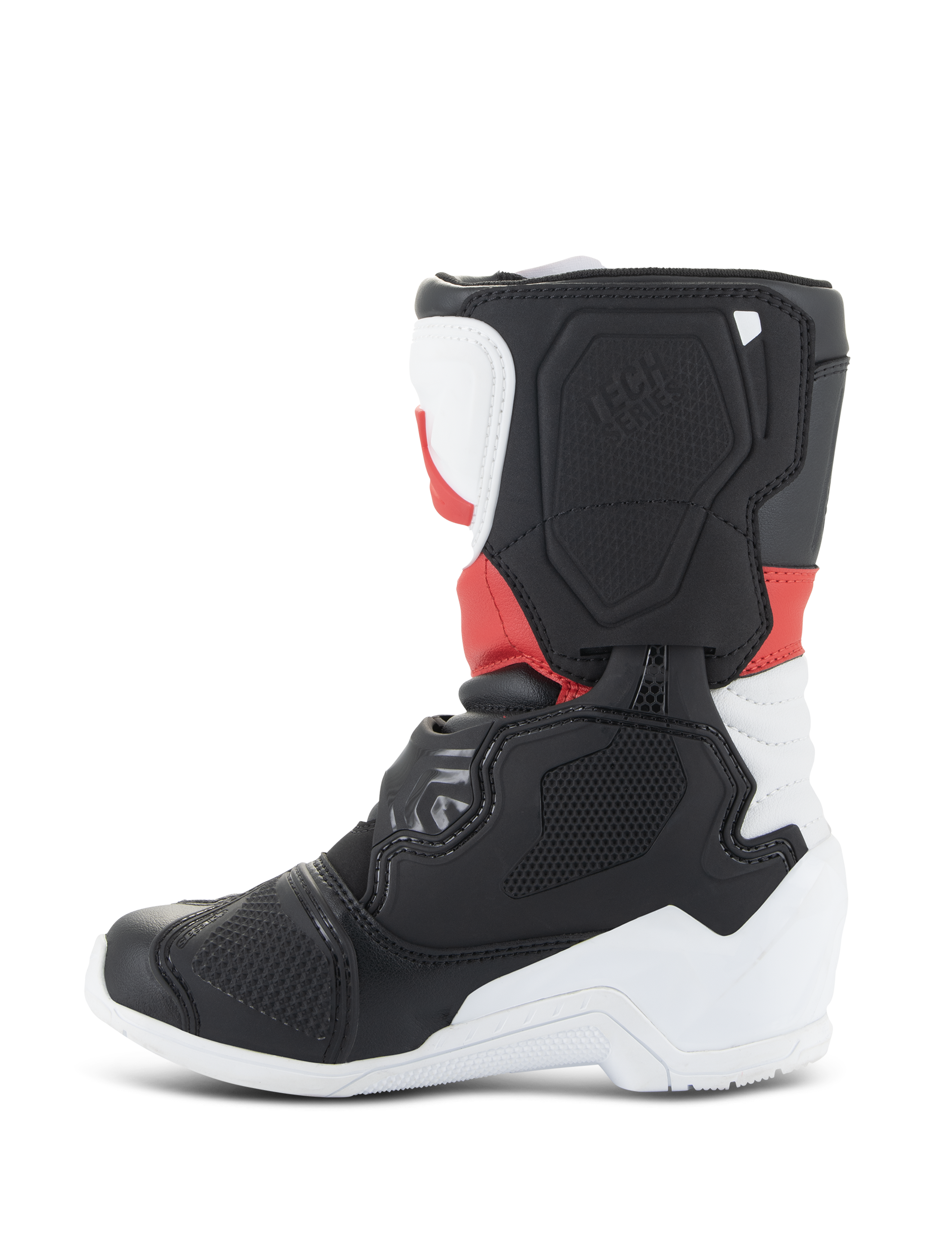 Stivali Alpinestars Kids Tech 3S, stivali da motocross, bianco, nero e rosso brillante, profilo laterale con pannelli protettivi in TPU, punta e tallone rinforzati e design della lama laterale testurizzata per corse fuoristrada.