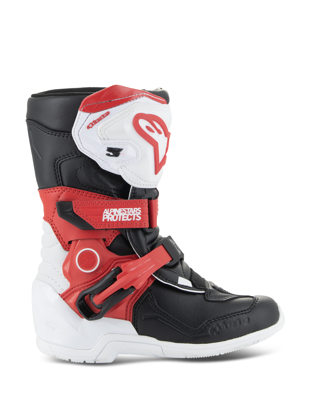 Stivali Alpinestars Kids Tech 3S, stivali da motocross per ragazzi, bianco, nero e rosso acceso, design protettivo a caviglia alta, cinturini rossi regolabili, placca parastinchi bianca con logo rosso, suola bianca resistente