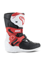Stivali Alpinestars Kids Tech 3S, stivali da motocross per ragazzi, bianco, nero e rosso acceso, design protettivo a caviglia alta, cinturini rossi regolabili, placca parastinchi bianca con logo rosso, suola bianca resistente