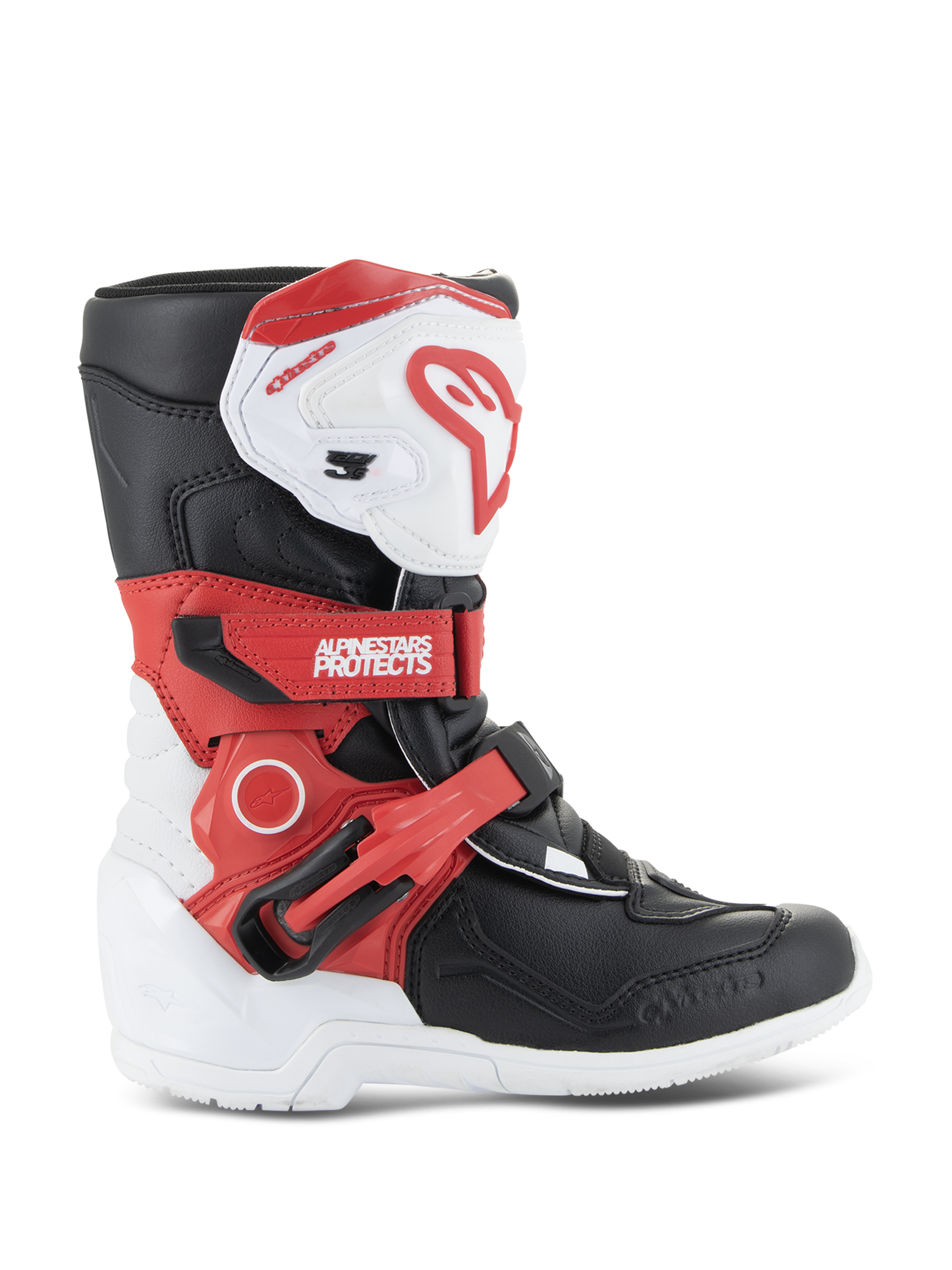 Stivali Alpinestars Kids Tech 3S, stivali da motocross per ragazzi, bianco, nero e rosso acceso, design protettivo a caviglia alta, cinturini rossi regolabili, placca parastinchi bianca con logo rosso, suola bianca resistente