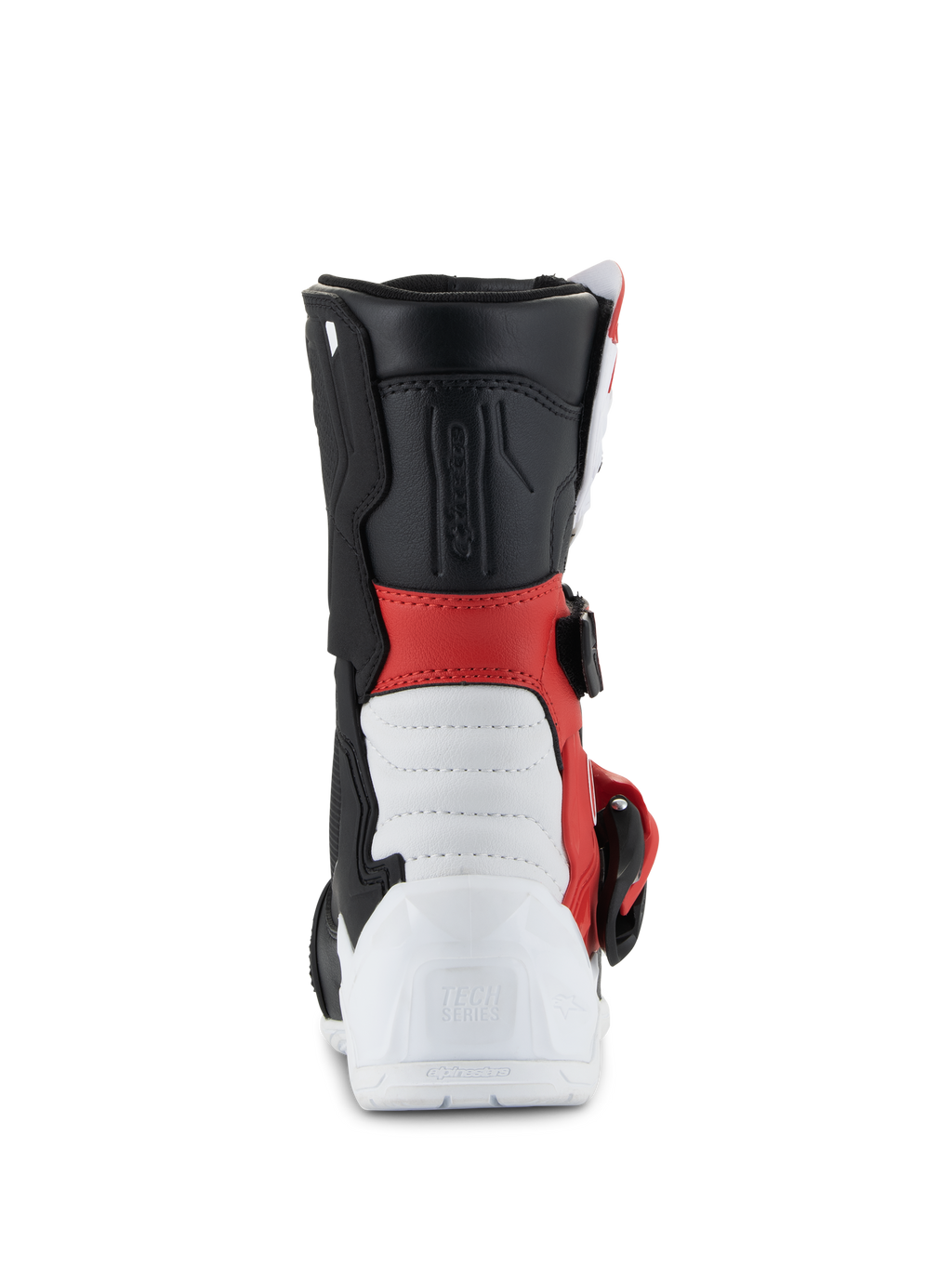 Stivali Alpinestars Tech 3S Bambino, stivali da motocross, bianco, nero e rosso acceso, vista posteriore con tallone rinforzato bianco e logo Tech Series in rilievo, sezione centrale rossa e gambale nero, calzatura protettiva per fuoristrada