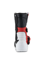 Stivali Alpinestars Tech 3S Bambino, stivali da motocross, bianco, nero e rosso acceso, vista posteriore con tallone rinforzato bianco e logo Tech Series in rilievo, sezione centrale rossa e gambale nero, calzatura protettiva per fuoristrada