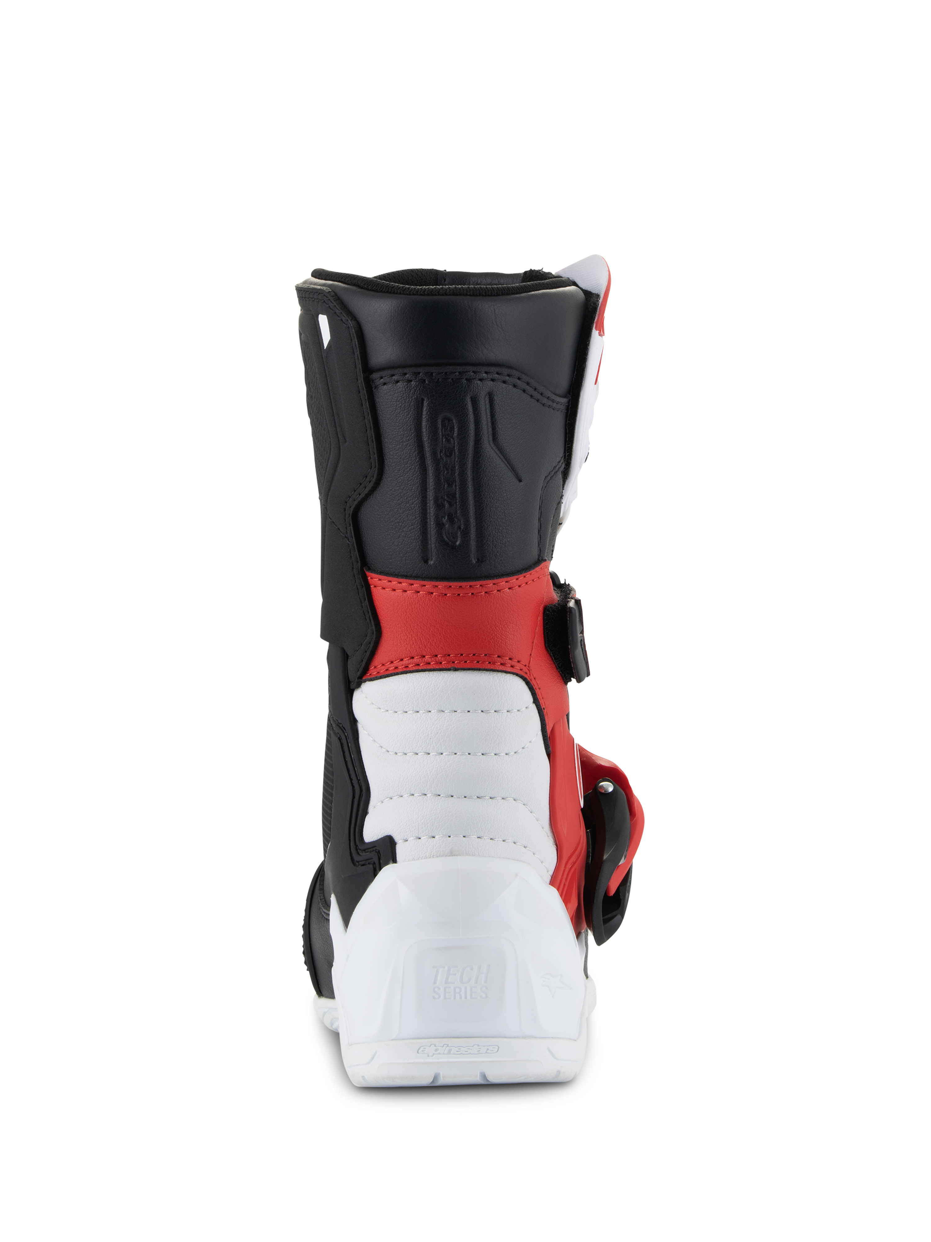 Stivali Alpinestars Tech 3S Bambino, stivali da motocross, bianco, nero e rosso acceso, vista posteriore con tallone rinforzato bianco e logo Tech Series in rilievo, sezione centrale rossa e gambale nero, calzatura protettiva per fuoristrada