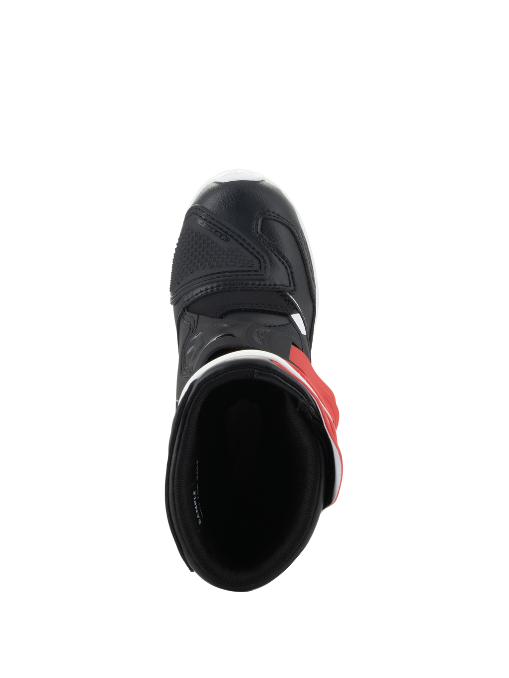 Alpinestars Stivali Tech 3S Bambino, stivali da motocross, bianco, nero e rosso acceso, vista dall'alto che mostra l'interno e la punta in microfibra nera, calzature protettive per giovani piloti off-road
