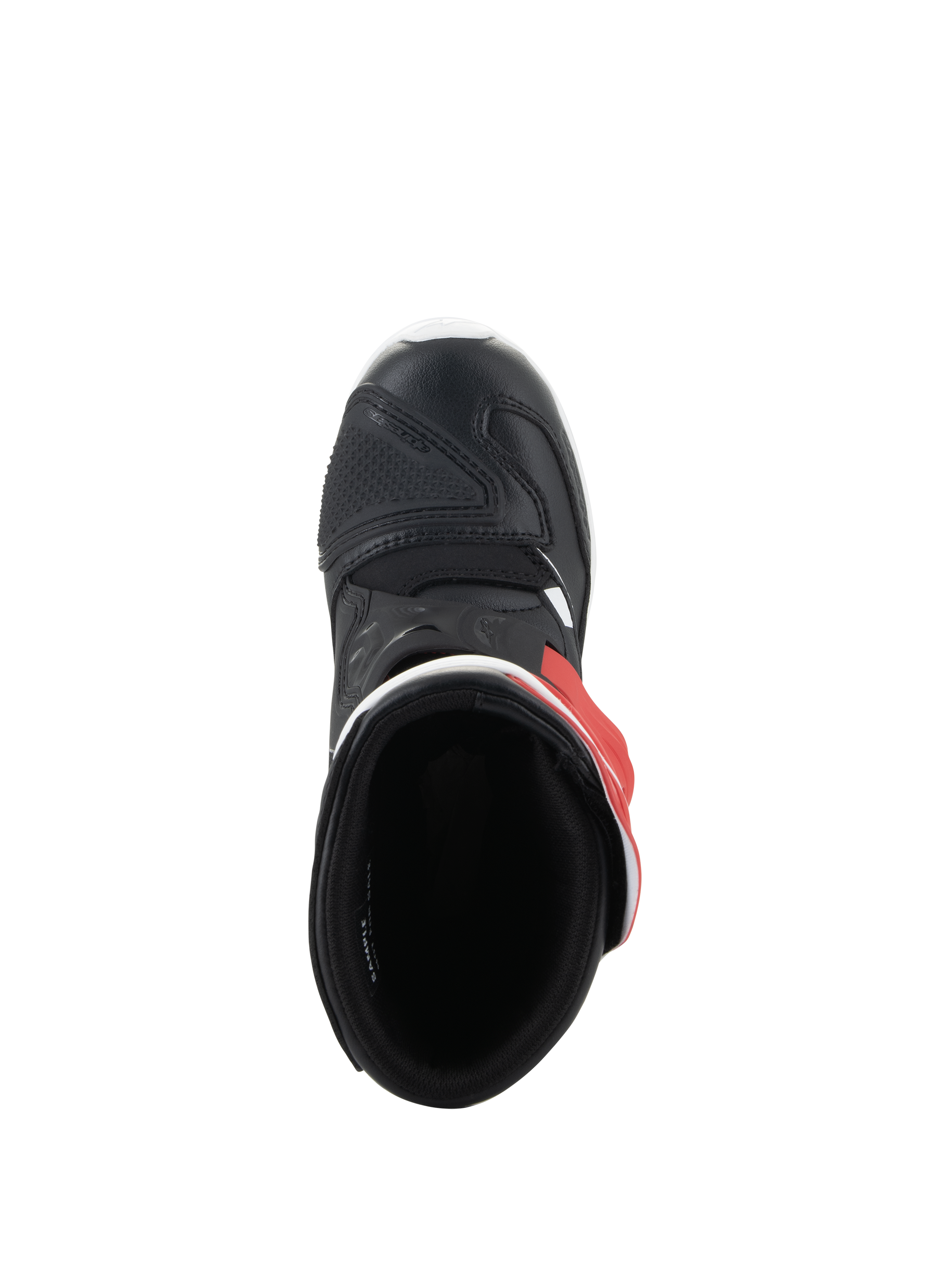 Alpinestars Stivali Tech 3S Bambino, stivali da motocross, bianco, nero e rosso acceso, vista dall'alto che mostra l'interno e la punta in microfibra nera, calzature protettive per giovani piloti off-road