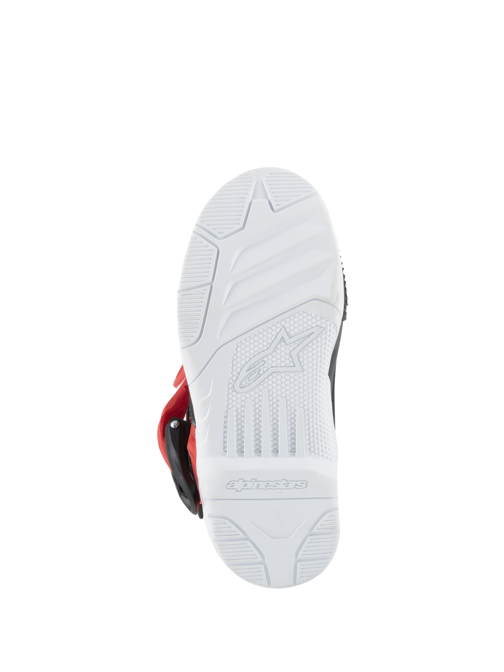 Stivali Alpinestars Tech 3S Bambino, stivali da motocross, bianco, nero e rosso acceso, vista inferiore della suola in gomma bianca con logo Alpinestars in rilievo e motivo grip per gare off-road