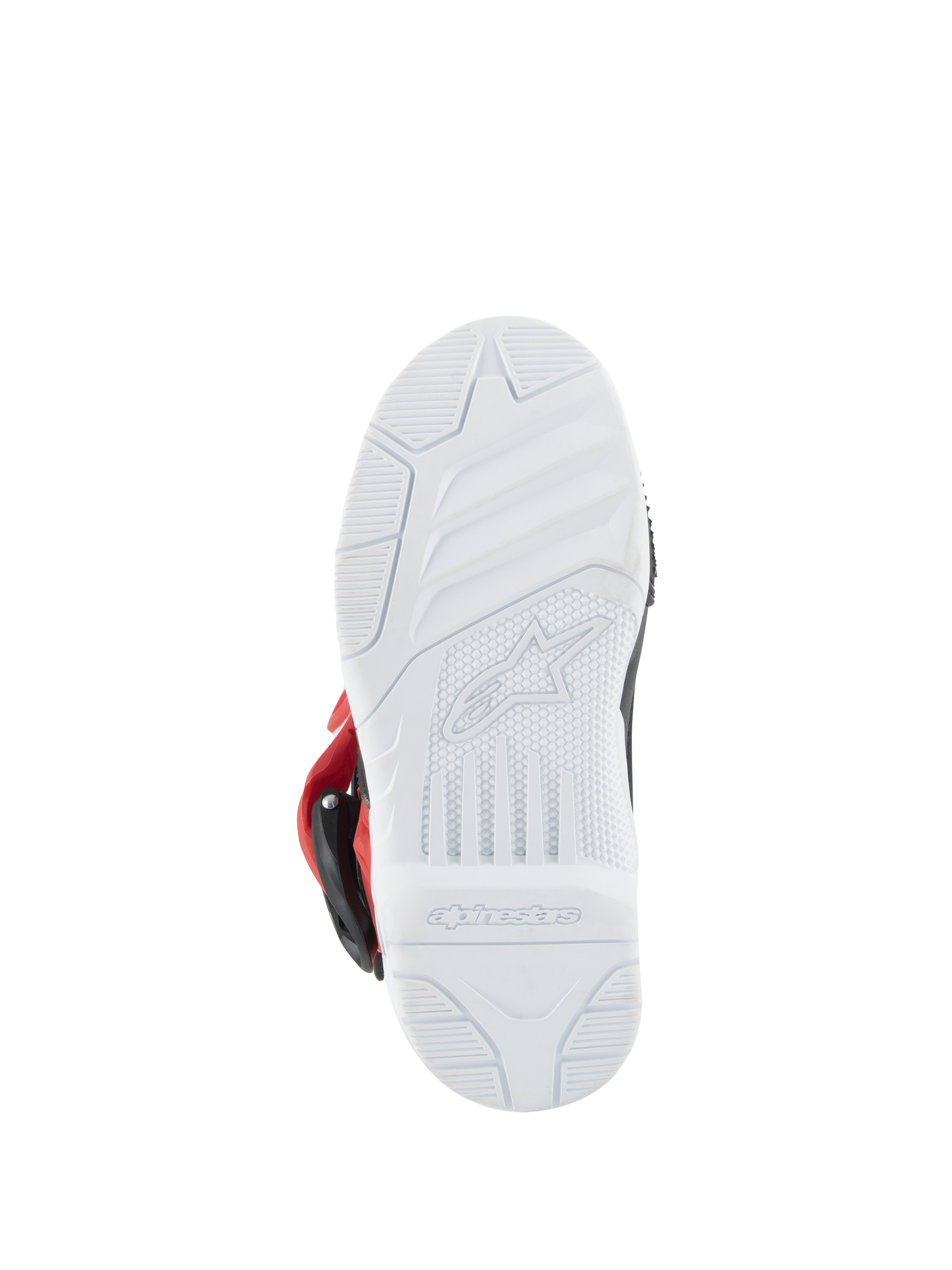 Stivali Alpinestars Tech 3S Bambino, stivali da motocross, bianco, nero e rosso acceso, vista inferiore della suola in gomma bianca con logo Alpinestars in rilievo e motivo grip per gare off-road
