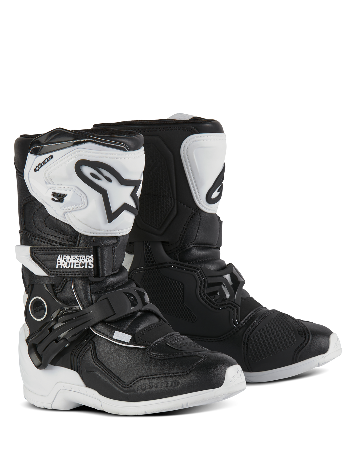 Stivali Alpinestars Kids Tech 3S, stivali da motocross, nero e bianco, con placche tibiali in TPU bianco e loghi Alpinestars neri, chiusure con fibbia regolabile e a strappo, suole in gomma resistenti per la protezione fuoristrada dei giovani