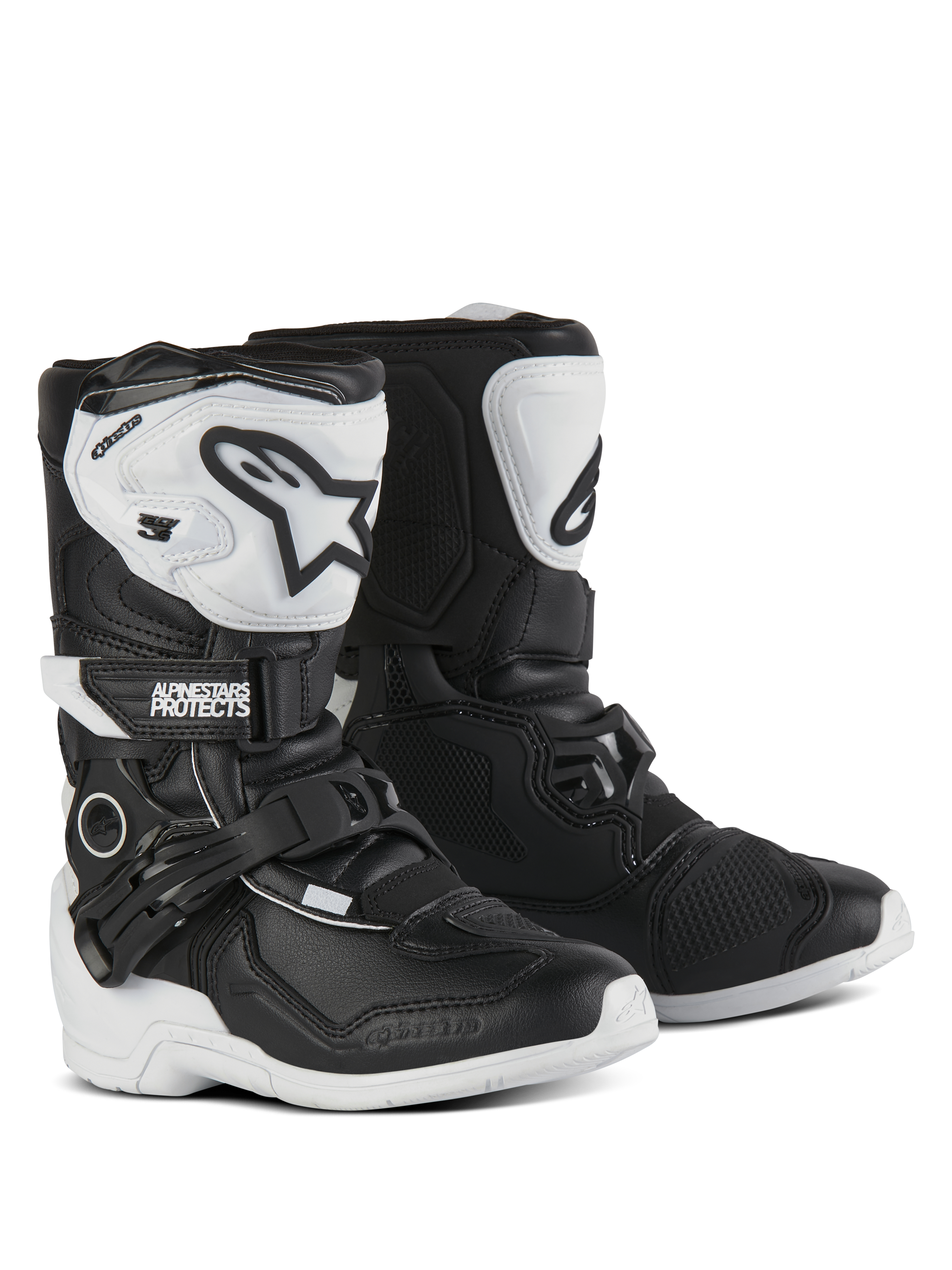 Stivali Alpinestars Kids Tech 3S, stivali da motocross, nero e bianco, con placche tibiali in TPU bianco e loghi Alpinestars neri, chiusure con fibbia regolabile e a strappo, suole in gomma resistenti per la protezione fuoristrada dei giovani