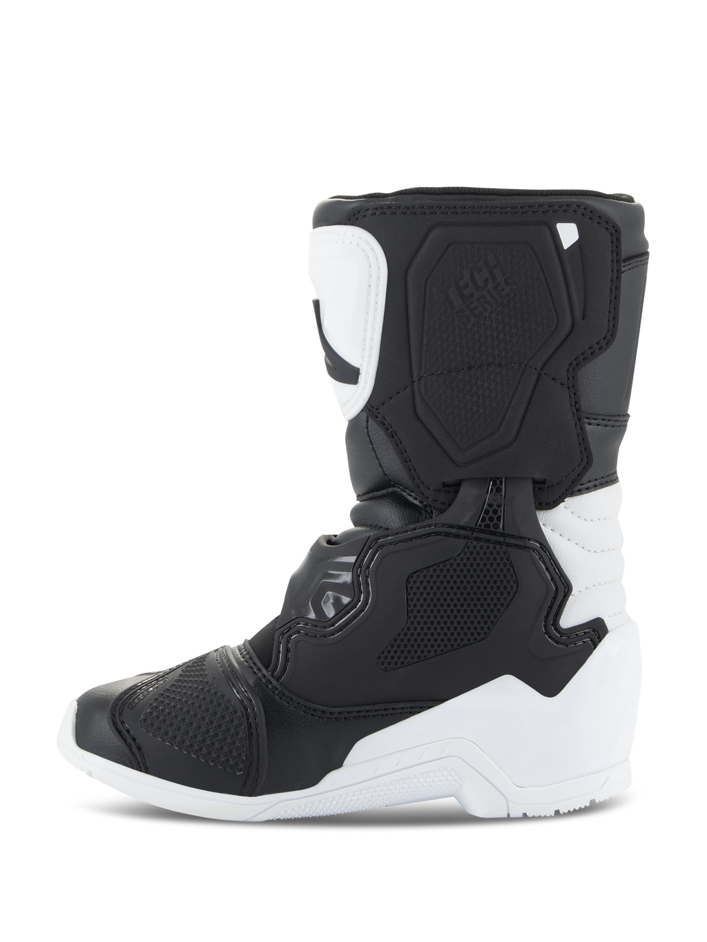 Alpinestars Kids Tech 3S Boots, stivali da motocross, bianco e nero, vista laterale di profilo che evidenzia le piastre protettive in TPU, robusta costruzione in microfibra e design multi-pannello per giovani piloti di motocross