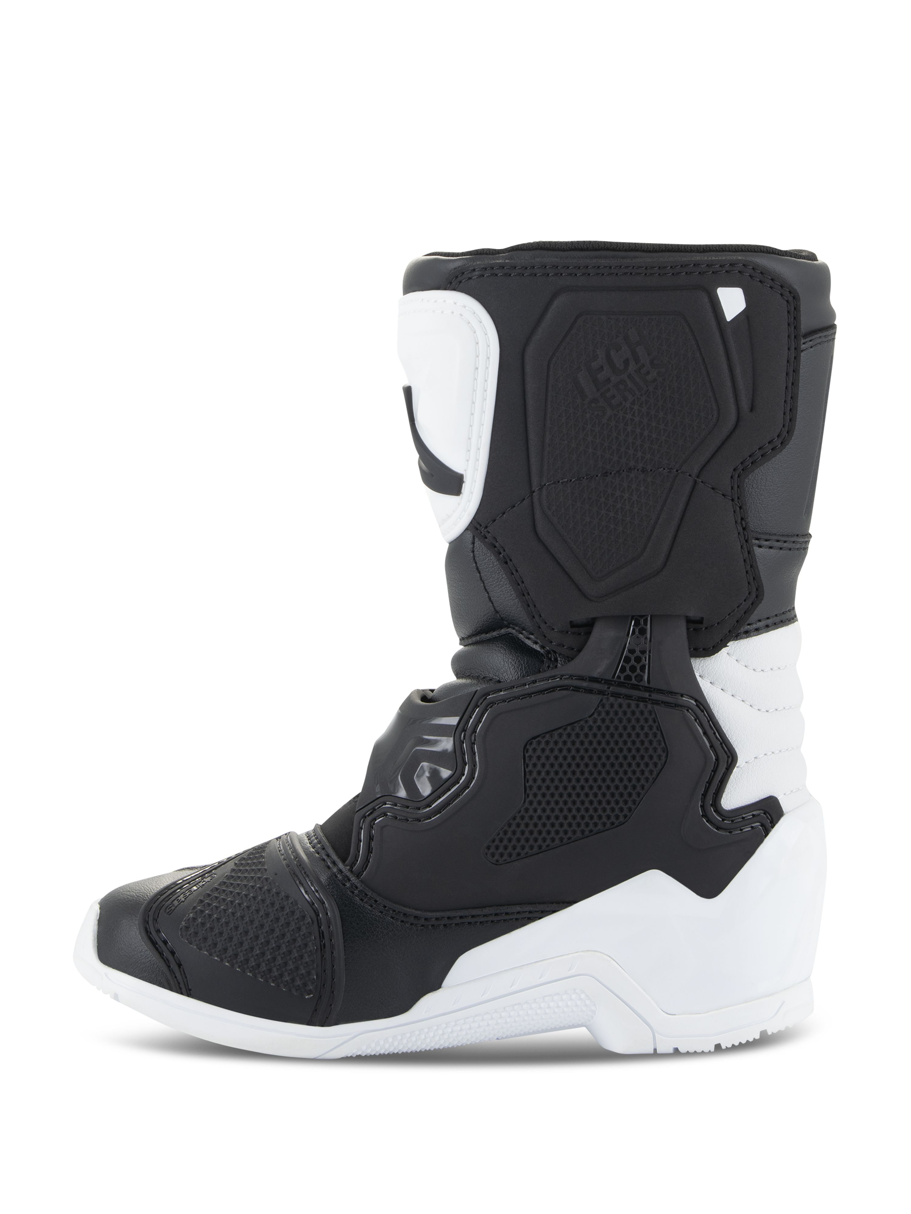 Alpinestars Kids Tech 3S Boots, stivali da motocross, bianco e nero, vista laterale di profilo che evidenzia le piastre protettive in TPU, robusta costruzione in microfibra e design multi-pannello per giovani piloti di motocross