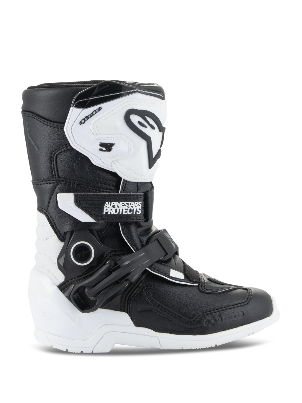 Stivali Alpinestars Kids Tech 3S, stivali da motocross per ragazzi, bianco e nero, vista laterale con design alto, sistema di chiusura con fibbie e cinturini, placca tibiale protettiva in TPU e suola bianca, calzature da moto off-road per bambini