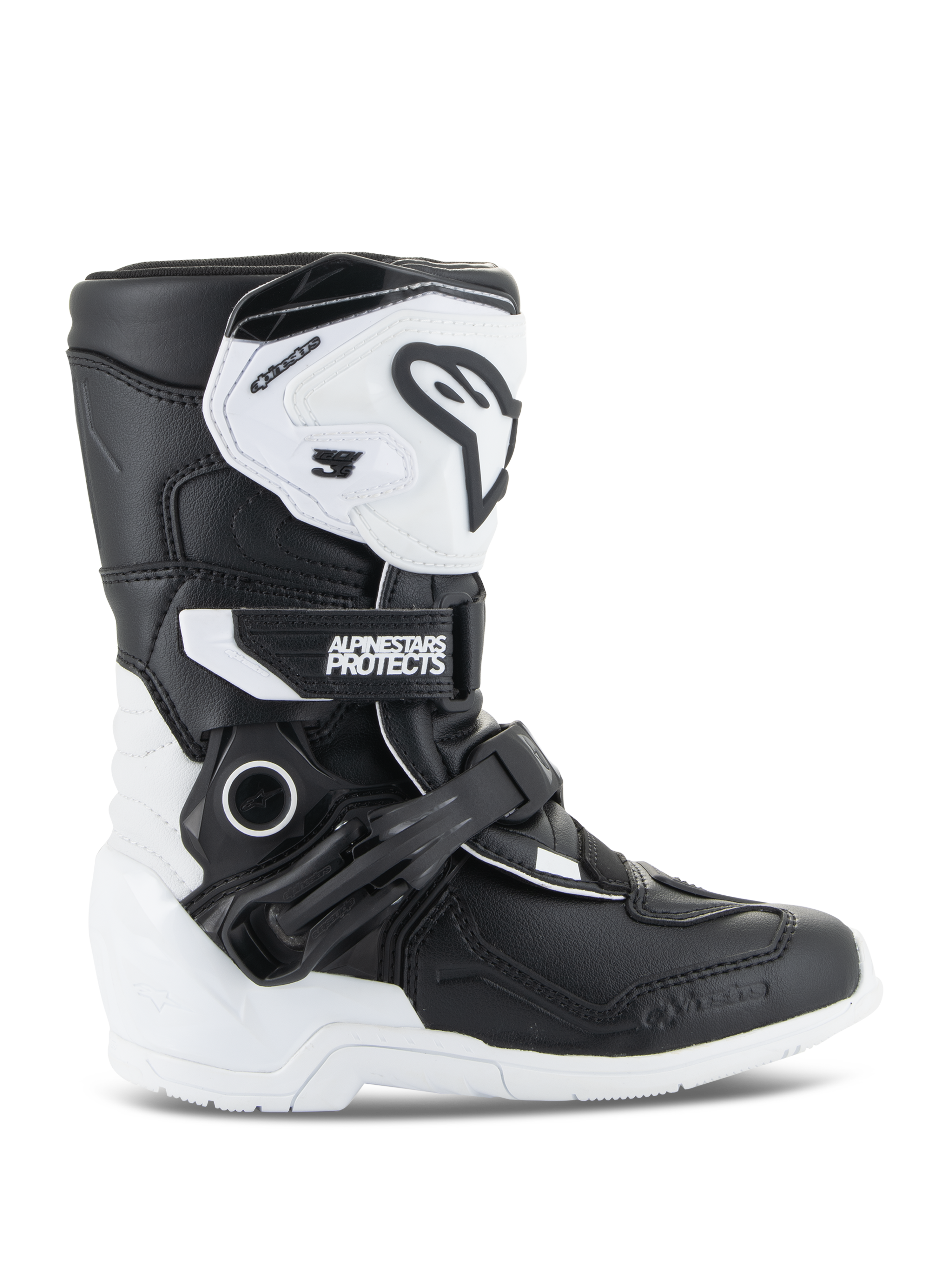 Stivali Alpinestars Kids Tech 3S, stivali da motocross per ragazzi, bianco e nero, vista laterale con design alto, sistema di chiusura con fibbie e cinturini, placca tibiale protettiva in TPU e suola bianca, calzature da moto off-road per bambini