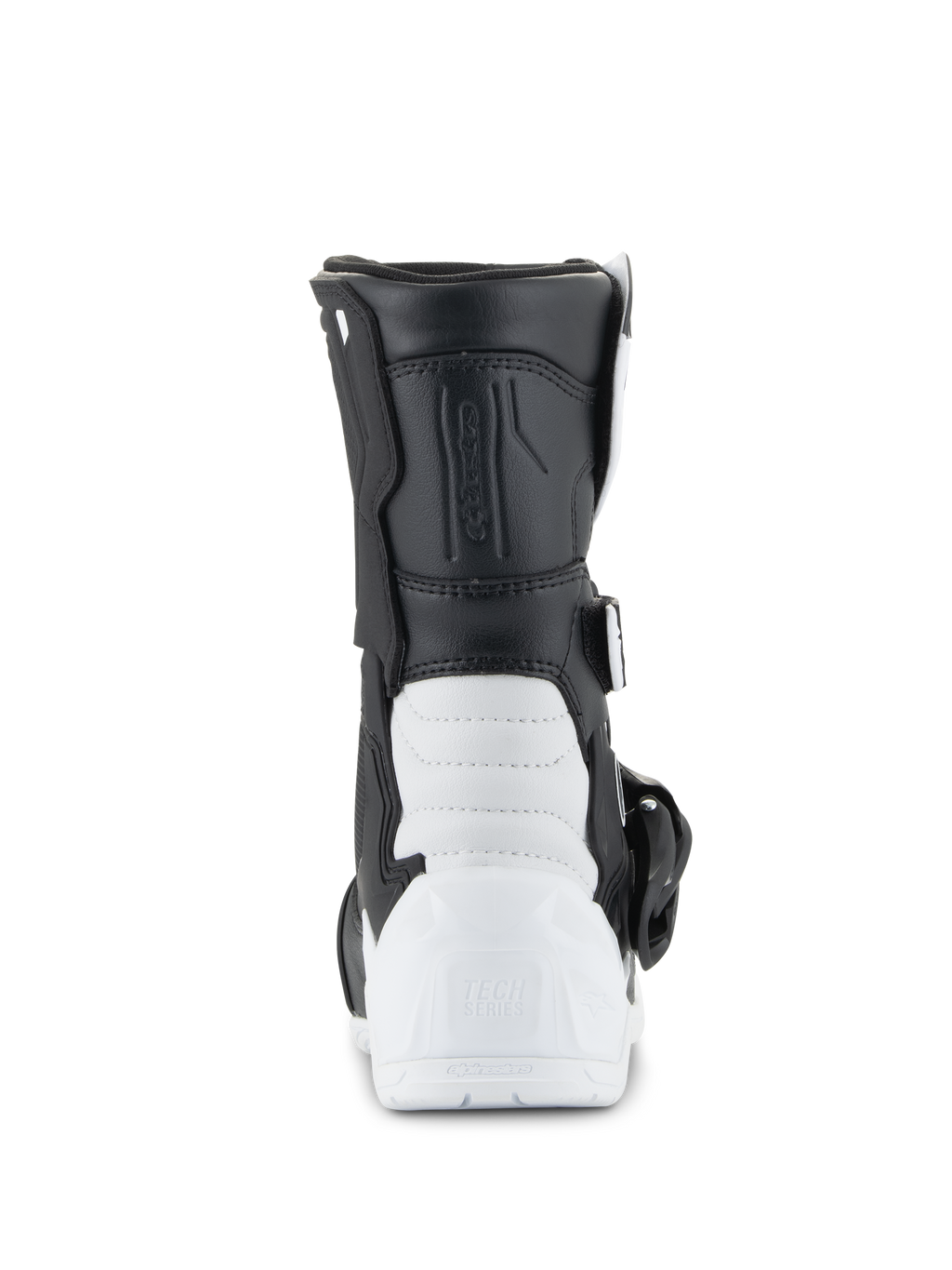Alpinestars Kids Tech 3S Boots, stivali da motocross, bianco e nero, vista posteriore con tallone in TPU rinforzato e marchio Tech Series, tomaia sintetica nera e calotta inferiore bianca, calzatura protettiva da fuoristrada per bambini