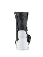 Alpinestars Kids Tech 3S Boots, stivali da motocross, bianco e nero, vista posteriore con tallone in TPU rinforzato e marchio Tech Series, tomaia sintetica nera e calotta inferiore bianca, calzatura protettiva da fuoristrada per bambini
