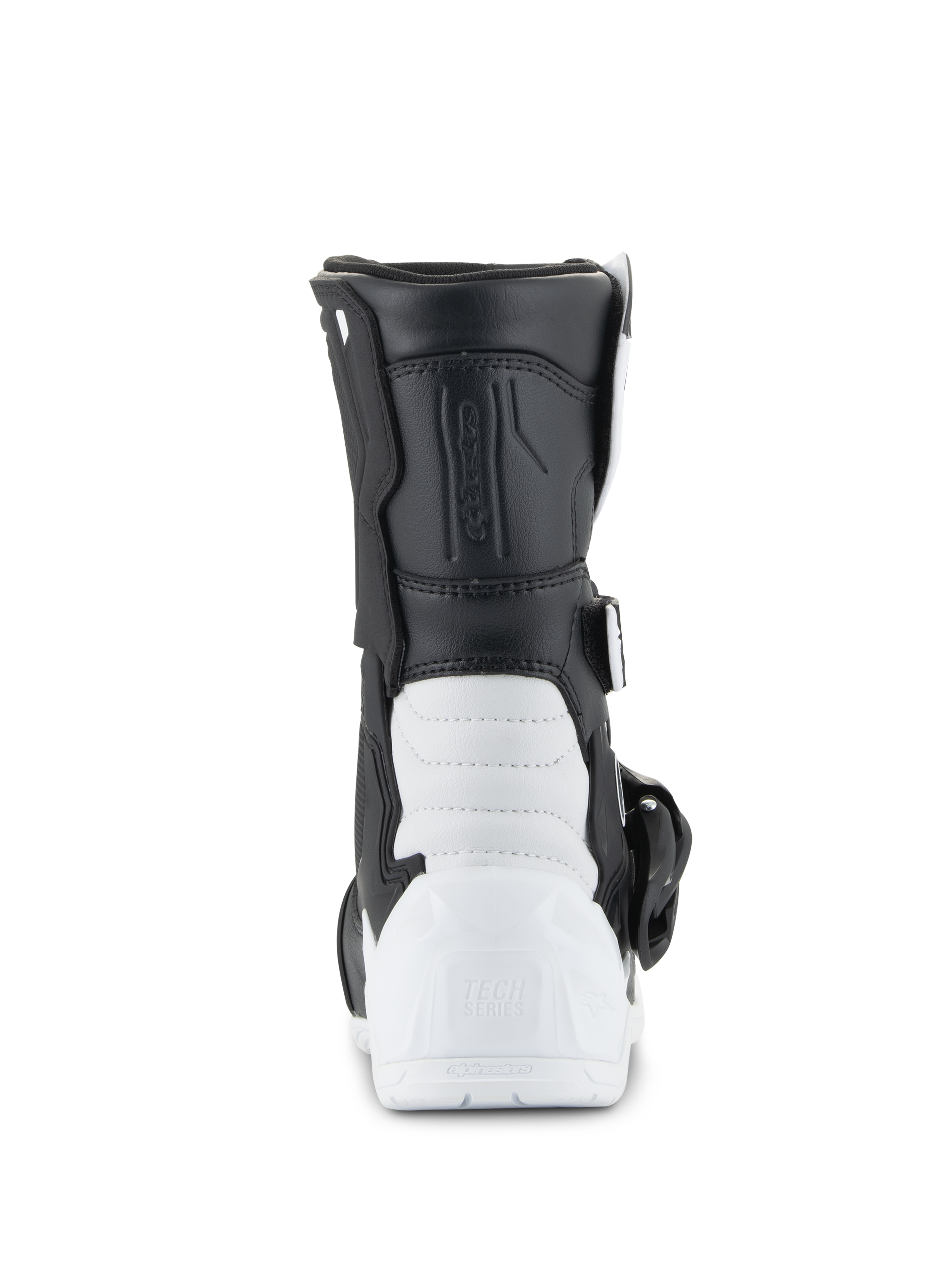 Alpinestars Kids Tech 3S Boots, stivali da motocross, bianco e nero, vista posteriore con tallone in TPU rinforzato e marchio Tech Series, tomaia sintetica nera e calotta inferiore bianca, calzatura protettiva da fuoristrada per bambini
