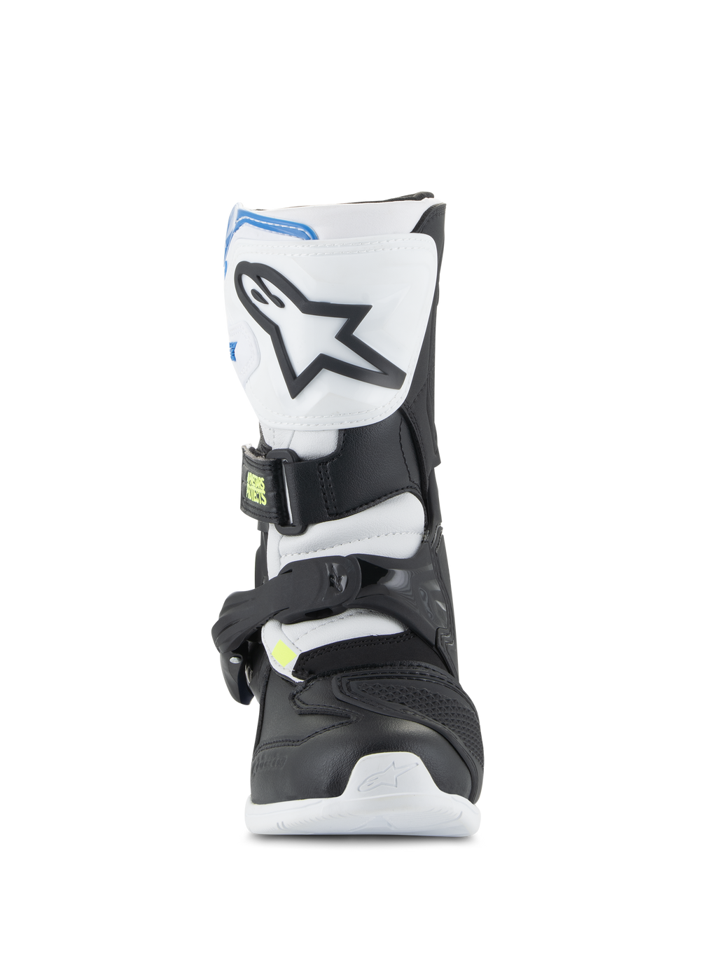 Stivali Alpinestars Kids Tech 3S, stivali da motocross per ragazzi, bianco, nero e blu smalto, profilo frontale che mostra la piastra parastinchi in TPU con logo a stella, pannelli neri e bianchi e sistema di chiusura sicura con fibbia