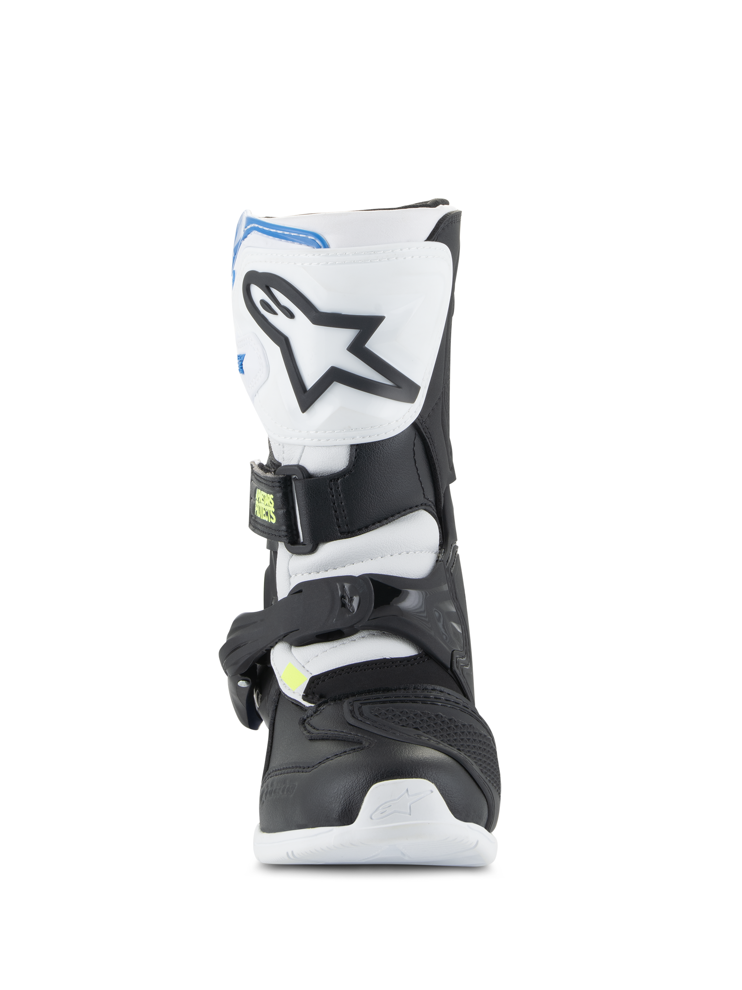 Stivali Alpinestars Kids Tech 3S, stivali da motocross per ragazzi, bianco, nero e blu smalto, profilo frontale che mostra la piastra parastinchi in TPU con logo a stella, pannelli neri e bianchi e sistema di chiusura sicura con fibbia