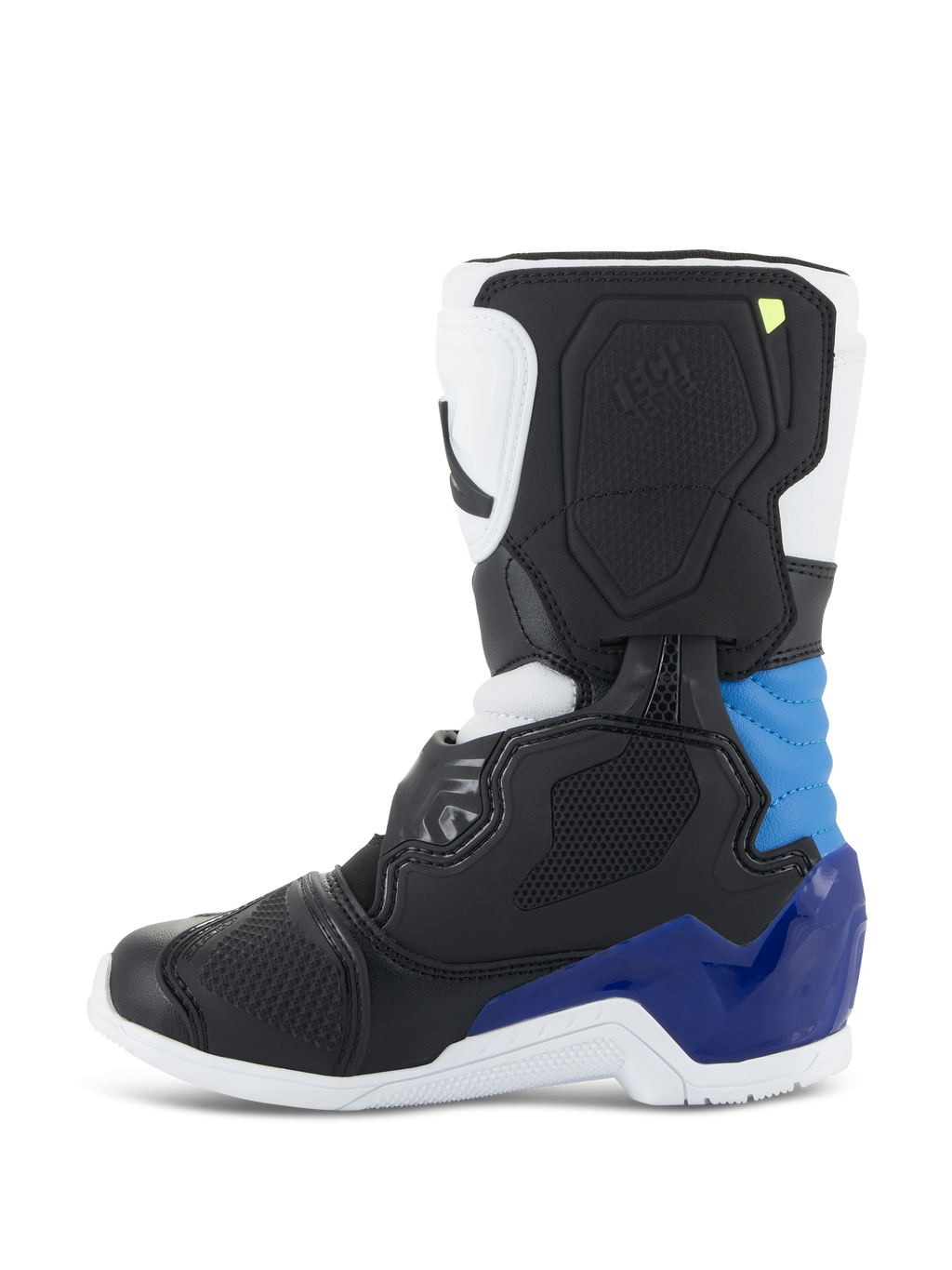 Stivali Alpinestars Tech 3S Bambino, stivali da motocross, bianco nero e blu smalto, profilo laterale con pannelli neri e bianchi e vivaci accenti blu su tallone e caviglia, suola bianca e scocca protettiva strutturata per corse fuoristrada
