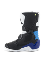 Stivali Alpinestars Tech 3S Bambino, stivali da motocross, bianco nero e blu smalto, profilo laterale con pannelli neri e bianchi e vivaci accenti blu su tallone e caviglia, suola bianca e scocca protettiva strutturata per corse fuoristrada