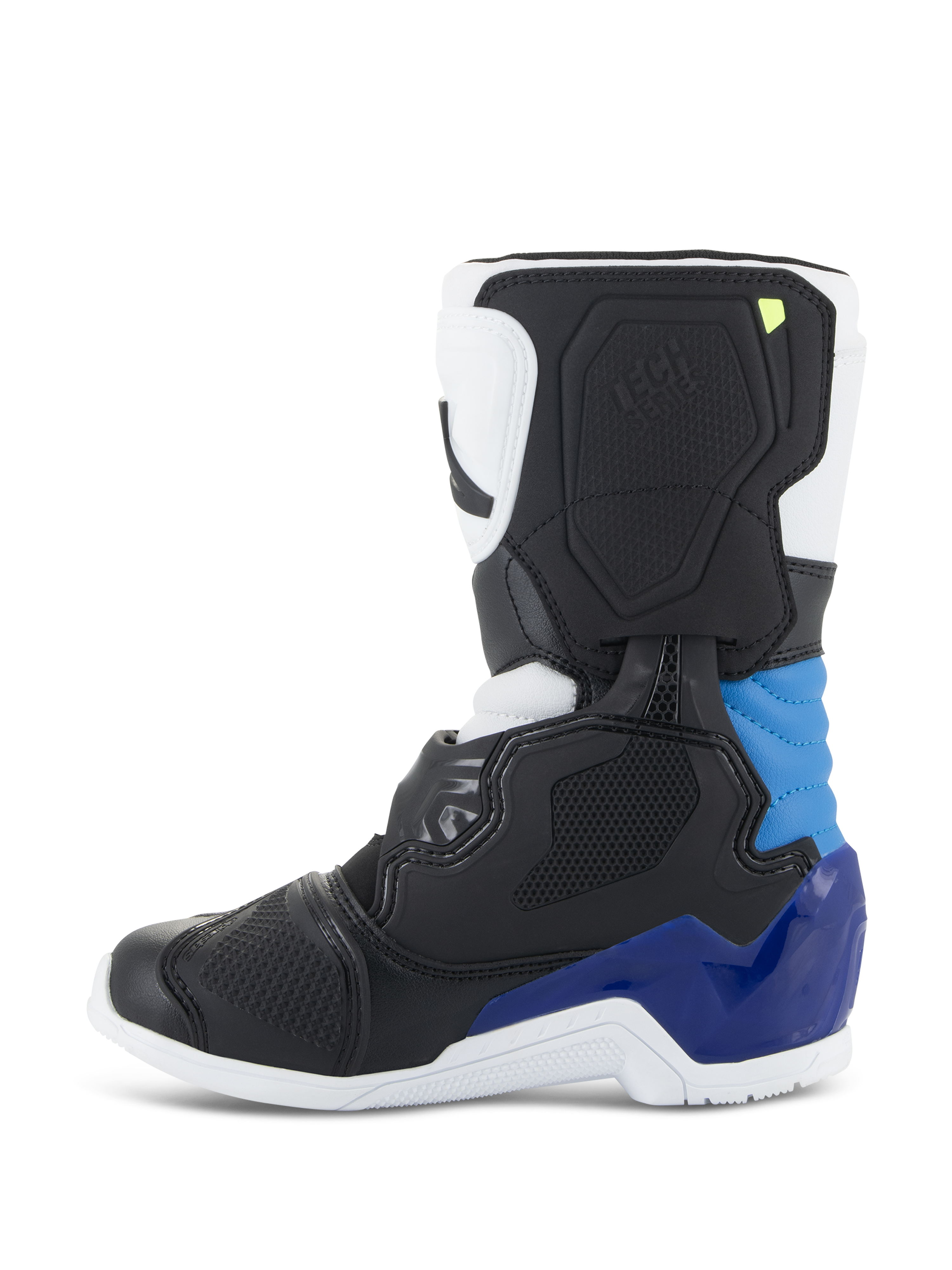 Stivali Alpinestars Tech 3S Bambino, stivali da motocross, bianco nero e blu smalto, profilo laterale con pannelli neri e bianchi e vivaci accenti blu su tallone e caviglia, suola bianca e scocca protettiva strutturata per corse fuoristrada