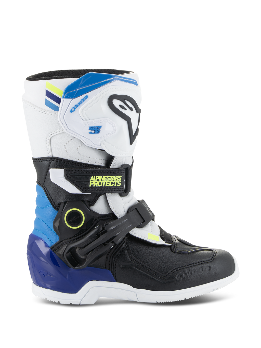 Alpinestars stivali Kids Tech 3S, stivali da motocross per bambini, bianco e nero con dettagli blu e giallo, vista laterale con cinturini a fibbia protettivi e suola robusta, calzature da corsa fuoristrada