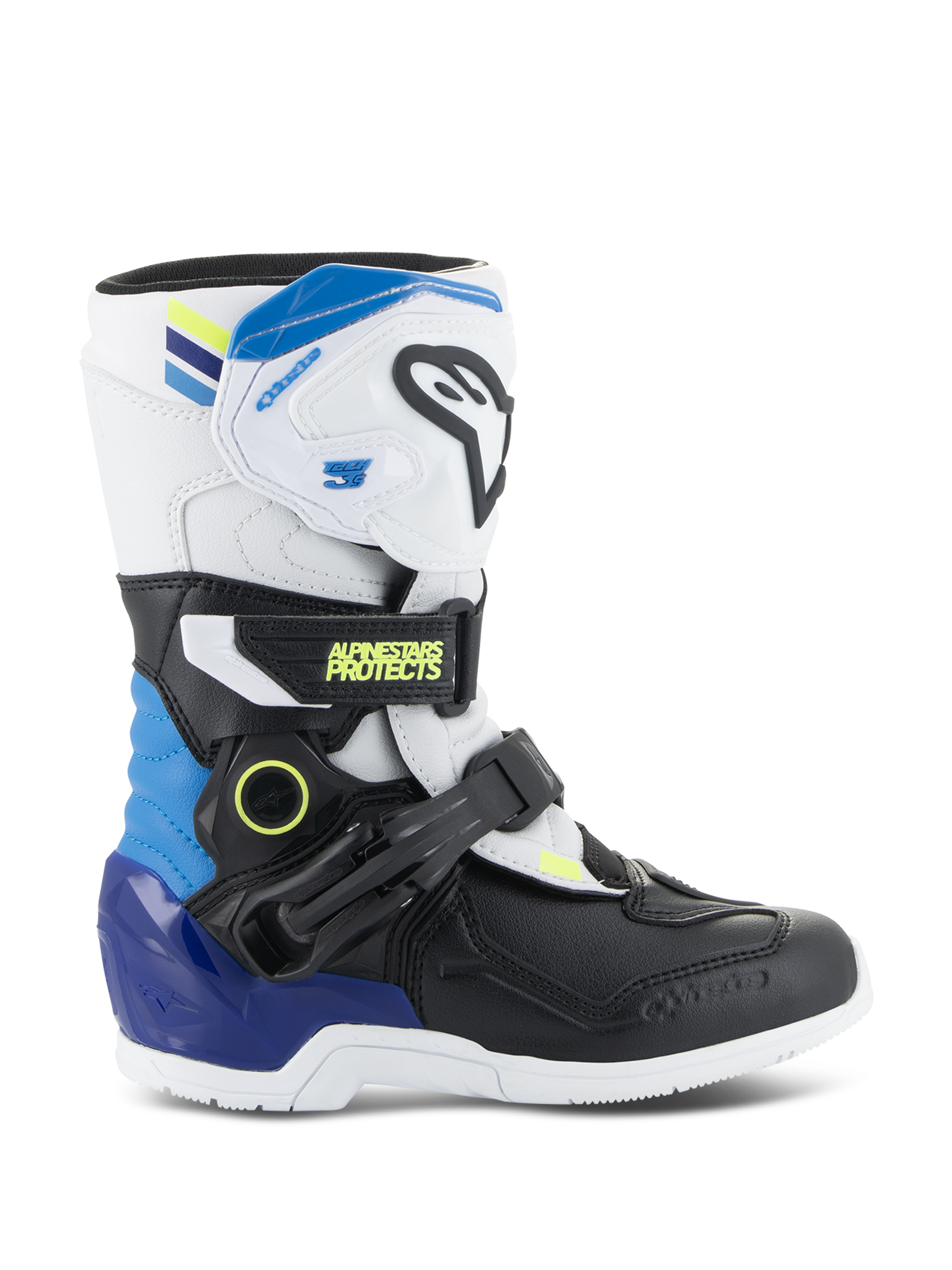 Alpinestars stivali Kids Tech 3S, stivali da motocross per bambini, bianco e nero con dettagli blu e giallo, vista laterale con cinturini a fibbia protettivi e suola robusta, calzature da corsa fuoristrada
