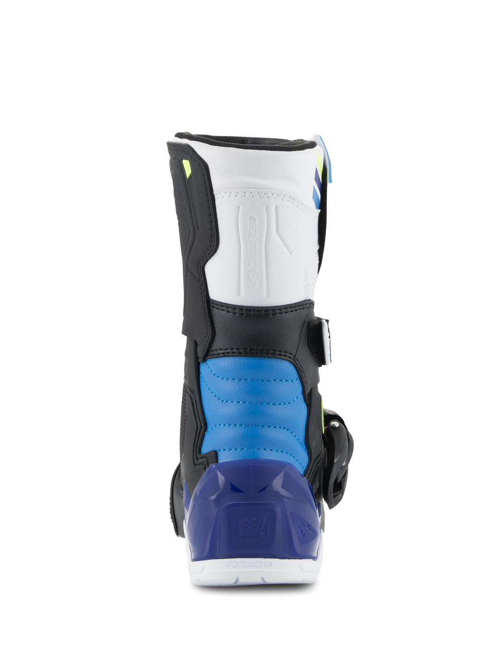 Alpinestars stivali Kids Tech 3S, stivali da motocross, Bianco Nero Blu Smalto, vista posteriore con sezione del tallone imbottita blu e protezione del tallone blu traslucido, equipaggiamento protettivo resistente per fuoristrada per bambini