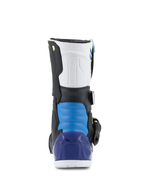 Alpinestars stivali Kids Tech 3S, stivali da motocross, Bianco Nero Blu Smalto, vista posteriore con sezione del tallone imbottita blu e protezione del tallone blu traslucido, equipaggiamento protettivo resistente per fuoristrada per bambini