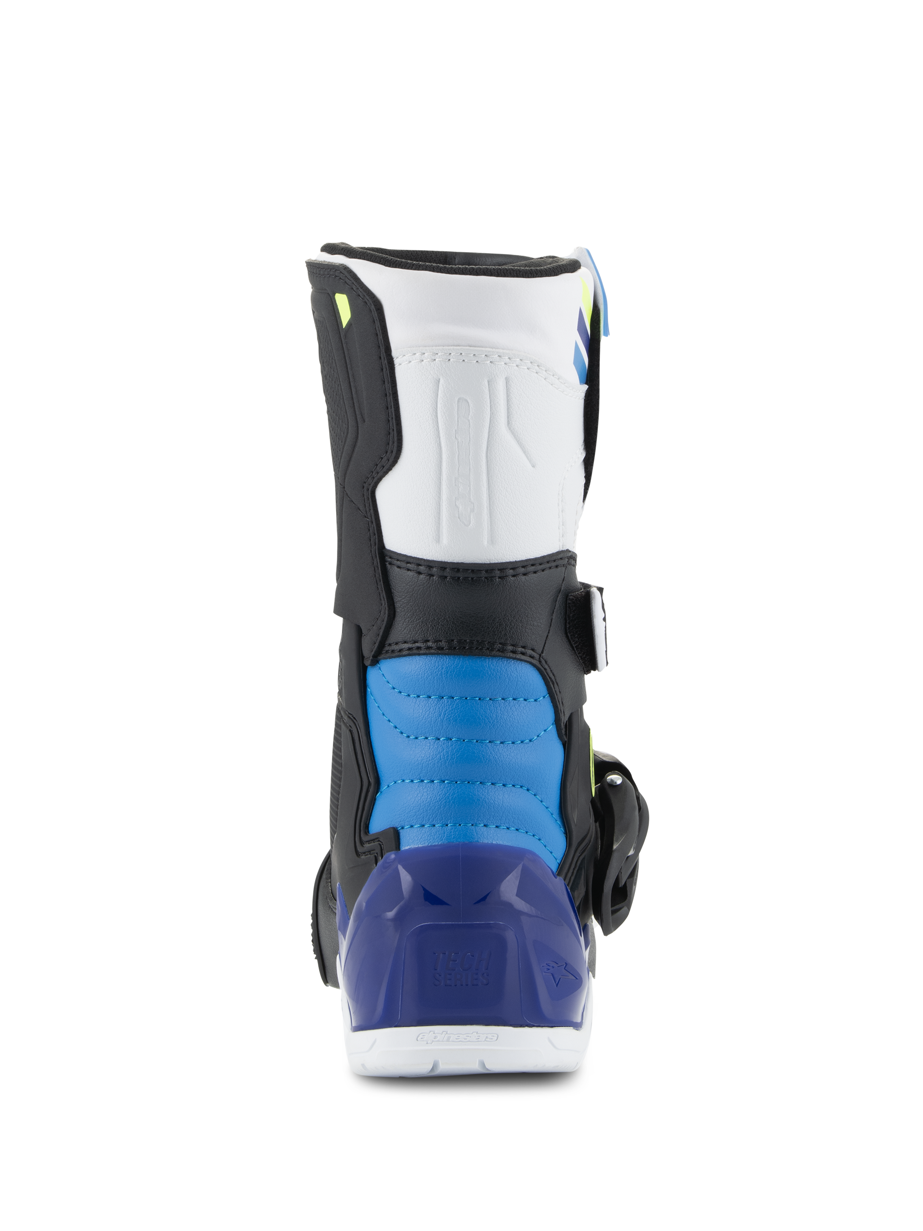 Alpinestars stivali Kids Tech 3S, stivali da motocross, Bianco Nero Blu Smalto, vista posteriore con sezione del tallone imbottita blu e protezione del tallone blu traslucido, equipaggiamento protettivo resistente per fuoristrada per bambini
