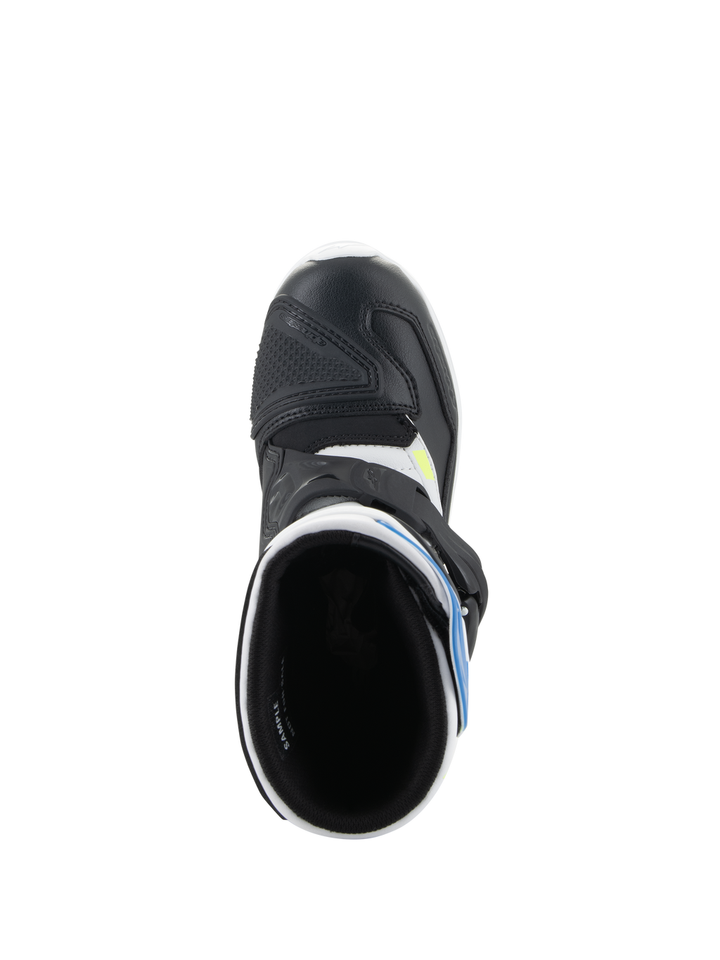 Stivali Alpinestars Kids Tech 3S, stivali da motocross, bianco, nero e blu smalto, vista dall'alto che mostra l'interno dello stivale, punta in microfibra nera con rinforzo protettivo e accenti blu, calzature per fuoristrada