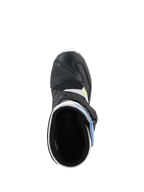 Stivali Alpinestars Kids Tech 3S, stivali da motocross, bianco, nero e blu smalto, vista dall'alto che mostra l'interno dello stivale, punta in microfibra nera con rinforzo protettivo e accenti blu, calzature per fuoristrada