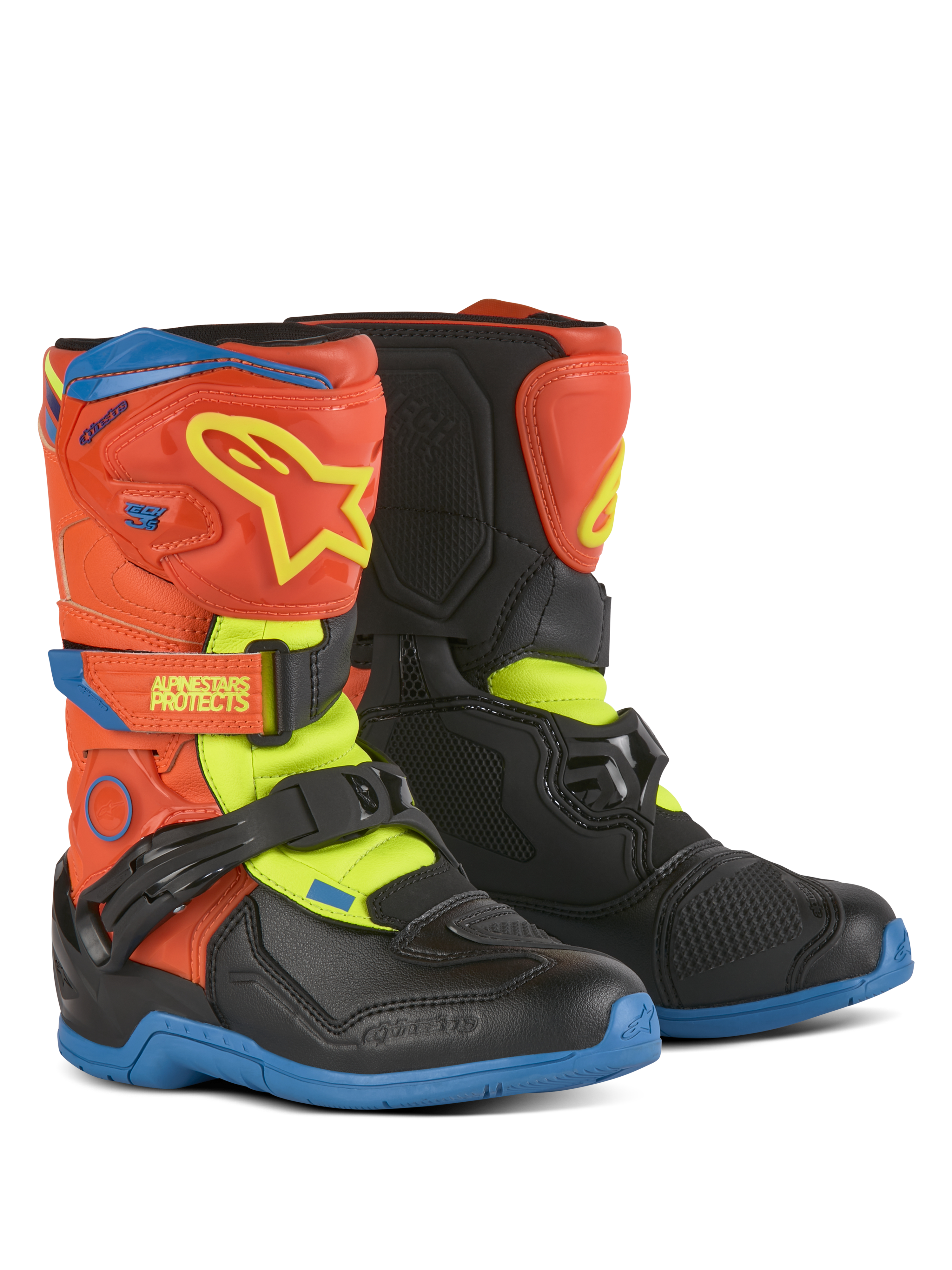 Stivali Alpinestars Kids Tech 3S, stivali da motocross, arancione fluo, blu smalto e giallo fluo con nero, con chiusure a strappo, placca tibiale in TPU e suole in gomma resistenti per la guida fuoristrada dei giovani.