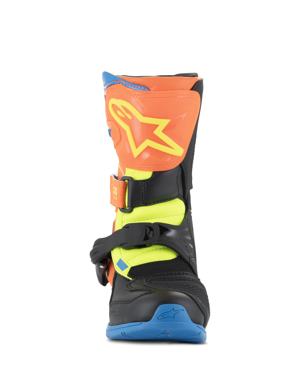 Stivali Alpinestars Kids Tech 3S, stivali da motocross, arancione fluo, blu enamel e giallo fluo, vista frontale con piastra tibiale arancione e logo a stella giallo, chiusure con fibbie nere e suola blu, calzatura protettiva da fuoristrada per giovani piloti