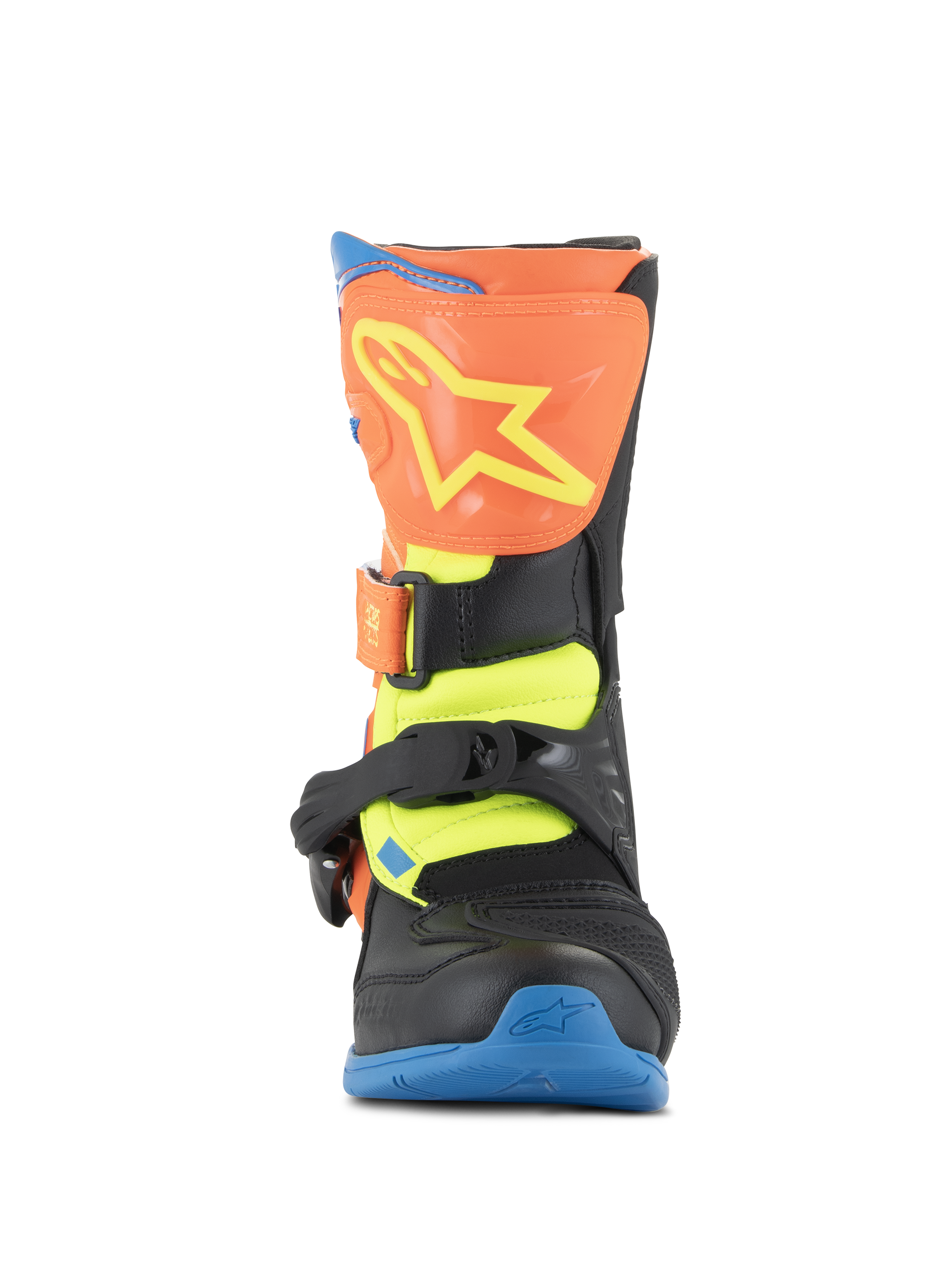 Stivali Alpinestars Kids Tech 3S, stivali da motocross, arancione fluo, blu enamel e giallo fluo, vista frontale con piastra tibiale arancione e logo a stella giallo, chiusure con fibbie nere e suola blu, calzatura protettiva da fuoristrada per giovani piloti