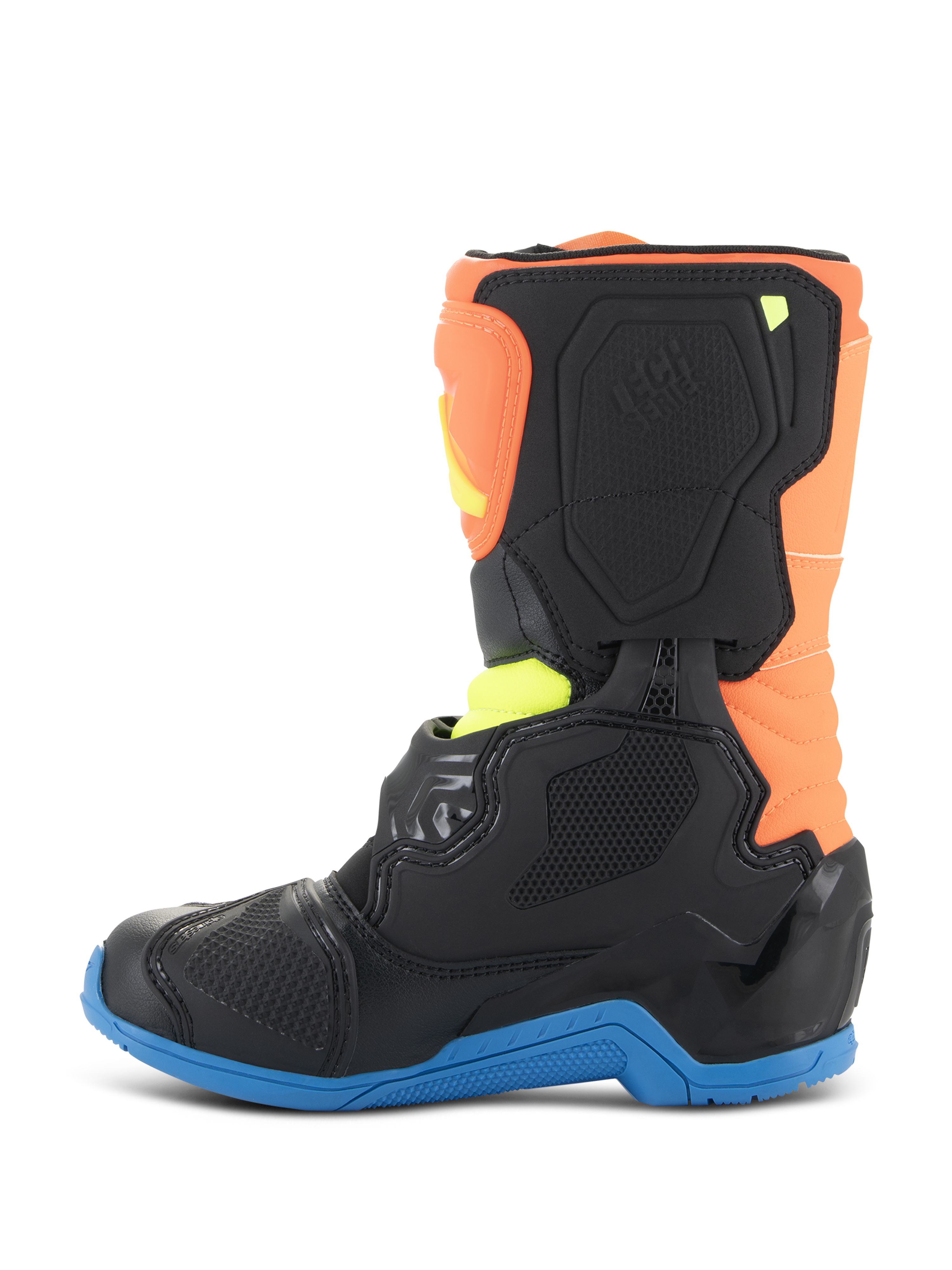 Stivali Alpinestars Kids Tech 3S, stivali da motocross, arancione fluo, blu enamel e giallo fluo, vista laterale con pannelli protettivi neri, suola blu e tomaia arancione, progettati per corse fuoristrada per ragazzi