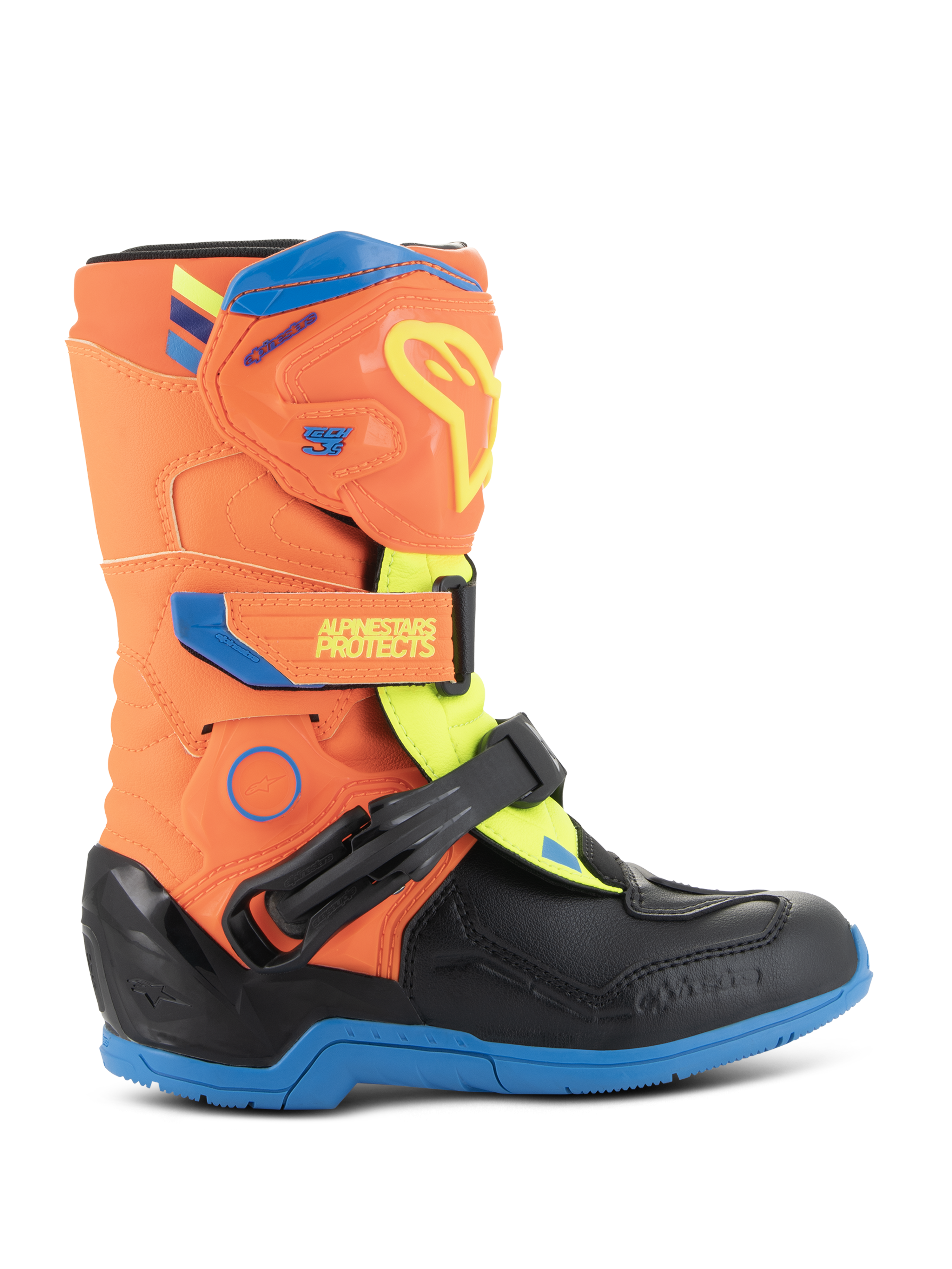 Alpinestars Kids Tech 3S Boots, stivali da motocross per ragazzi, arancione fluo, blu smalto e giallo fluo, con piastra tibiale protettiva in TPU, cinturini a strappo regolabili e resistente suola in gomma blu, progettati per corse fuoristrada.