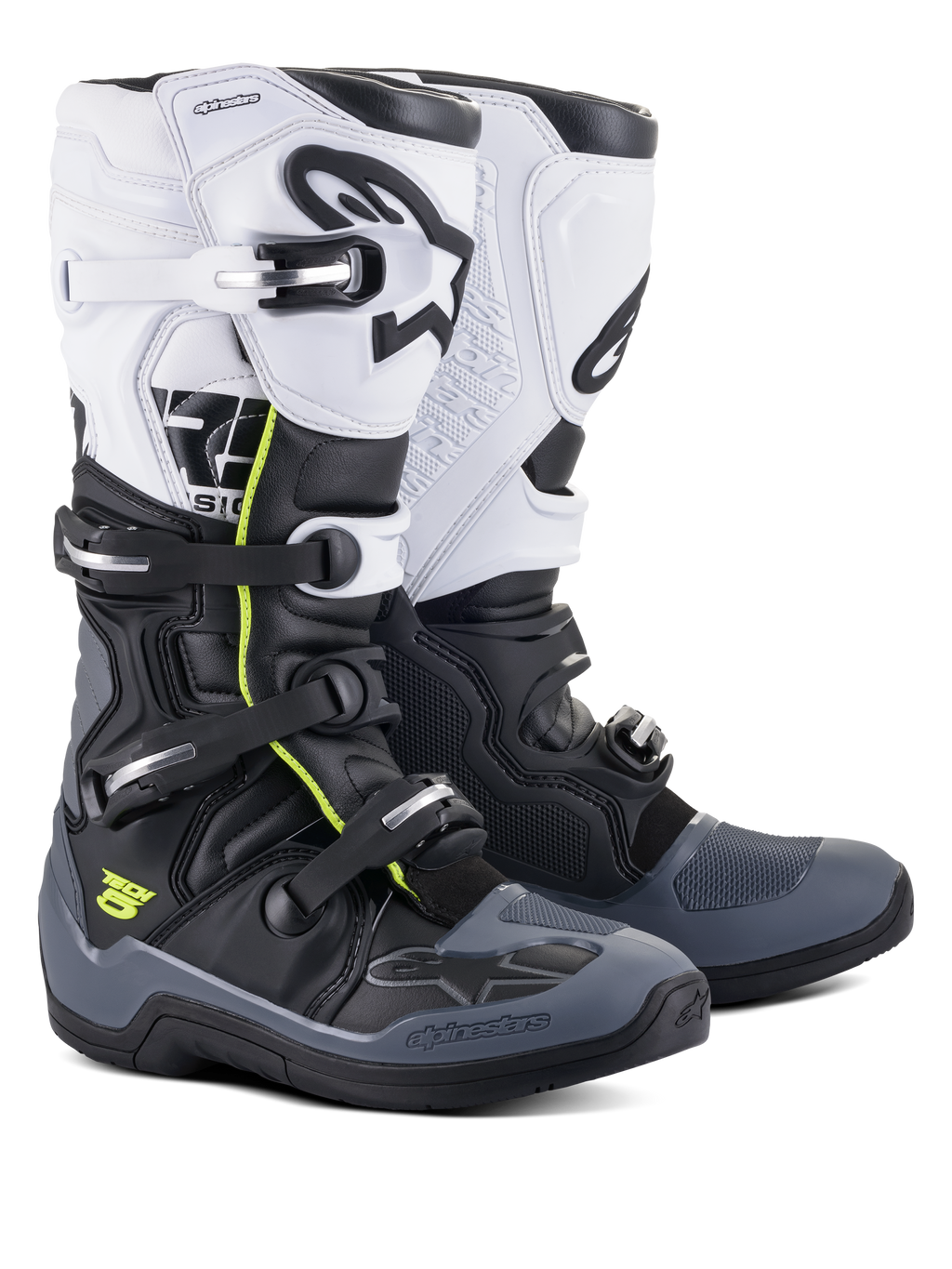 Stivali Alpinestars Tech 5, stivali da motocross e off-road, nero, grigio scuro e bianco, con dettagli giallo neon, sistema di chiusura a quattro fibbie, pannello superiore bianco con logo Astars nero, protezione su punta e tallone grigio scuro e costruzione in microfibra resistente