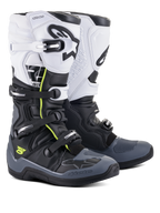 Stivali Alpinestars Tech 5, stivali da motocross e off-road, nero, grigio scuro e bianco, con dettagli giallo neon, sistema di chiusura a quattro fibbie, pannello superiore bianco con logo Astars nero, protezione su punta e tallone grigio scuro e costruzione in microfibra resistente