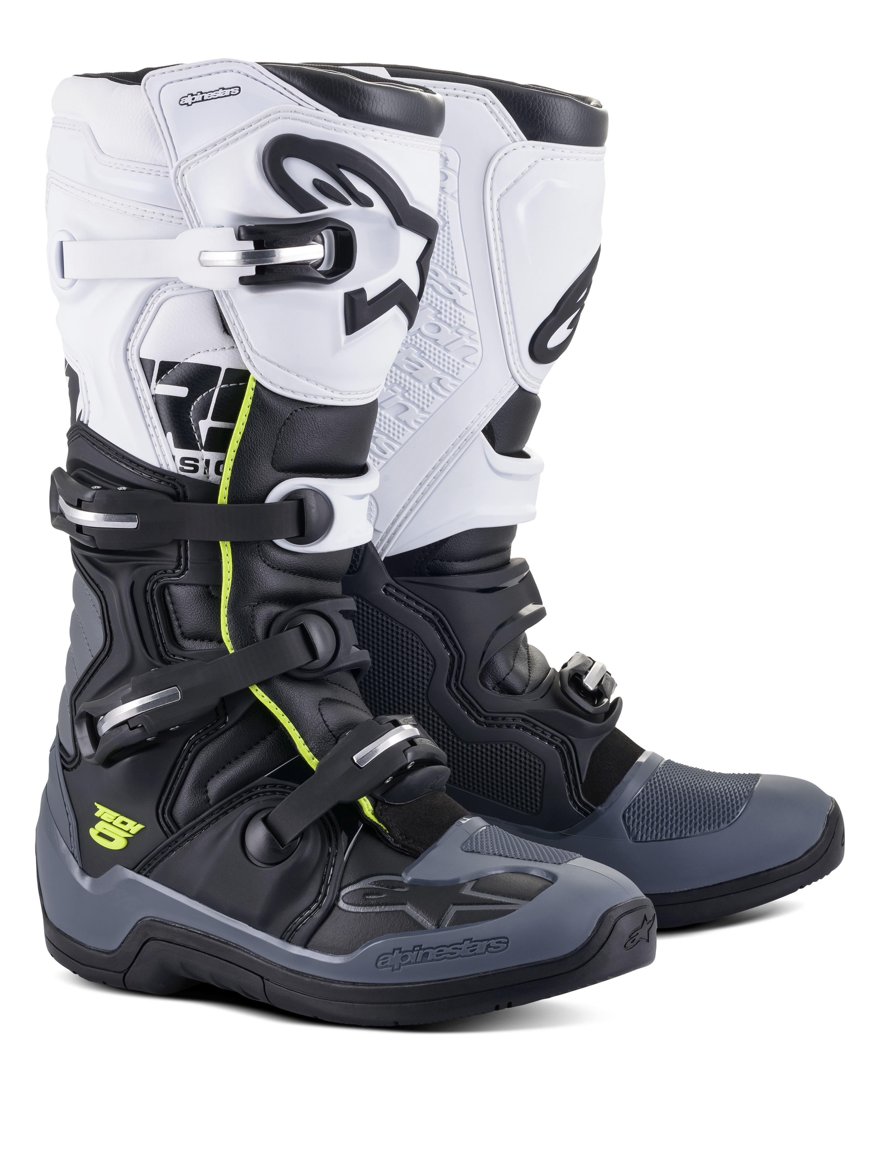 Stivali Alpinestars Tech 5, stivali da motocross e off-road, nero, grigio scuro e bianco, con dettagli giallo neon, sistema di chiusura a quattro fibbie, pannello superiore bianco con logo Astars nero, protezione su punta e tallone grigio scuro e costruzione in microfibra resistente