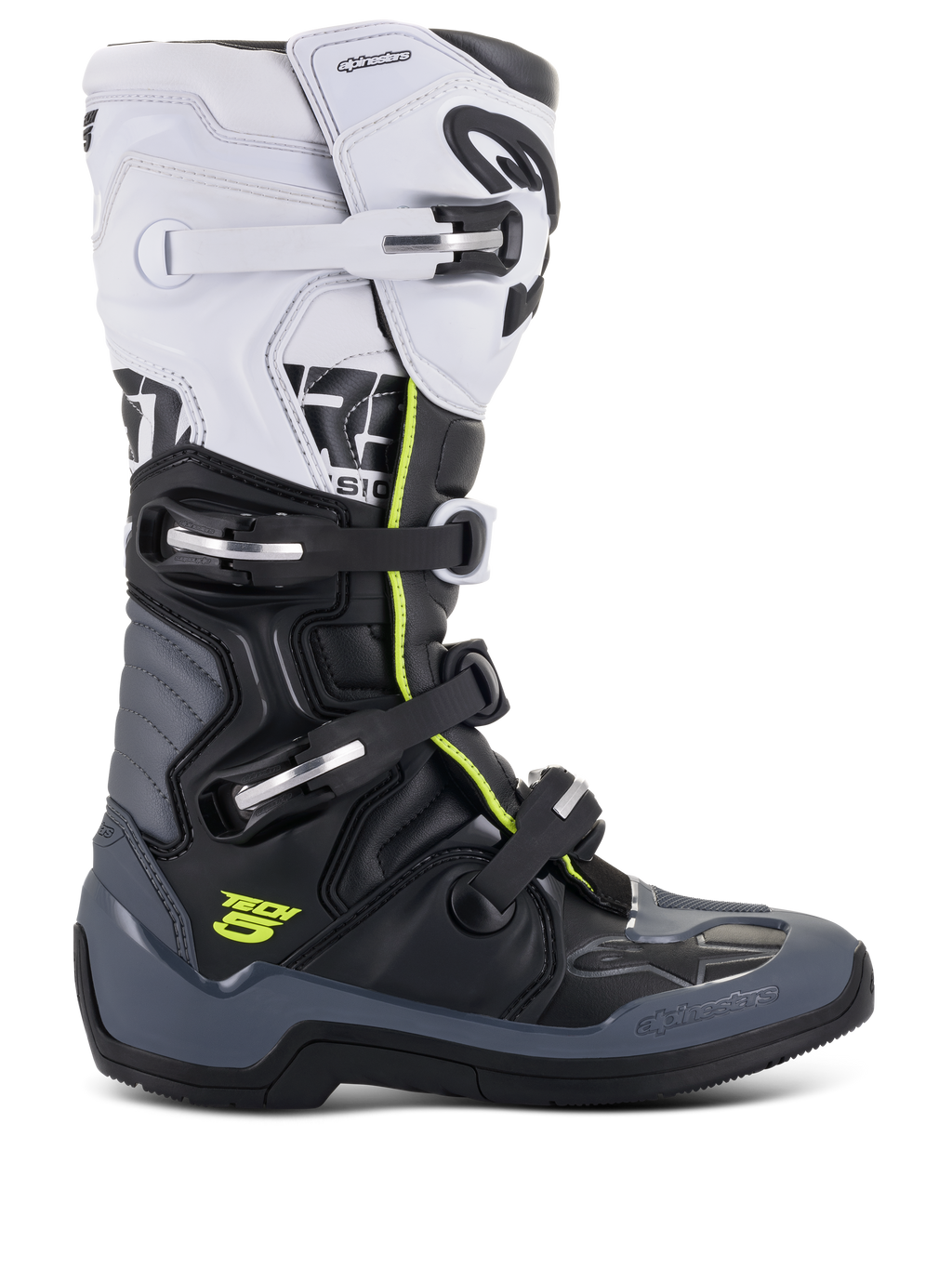 Stivali Alpinestars Tech 5, stivali da gara motocross, bianco, nero e grigio scuro con accenti giallo fluo, sistema di chiusura a quattro fibbie, pannelli protettivi rinforzati e perno biomeccanico, struttura in microfibra premium per prestazioni off-road