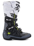 Stivali Alpinestars Tech 5, stivali da gara motocross, bianco, nero e grigio scuro con accenti giallo fluo, sistema di chiusura a quattro fibbie, pannelli protettivi rinforzati e perno biomeccanico, struttura in microfibra premium per prestazioni off-road