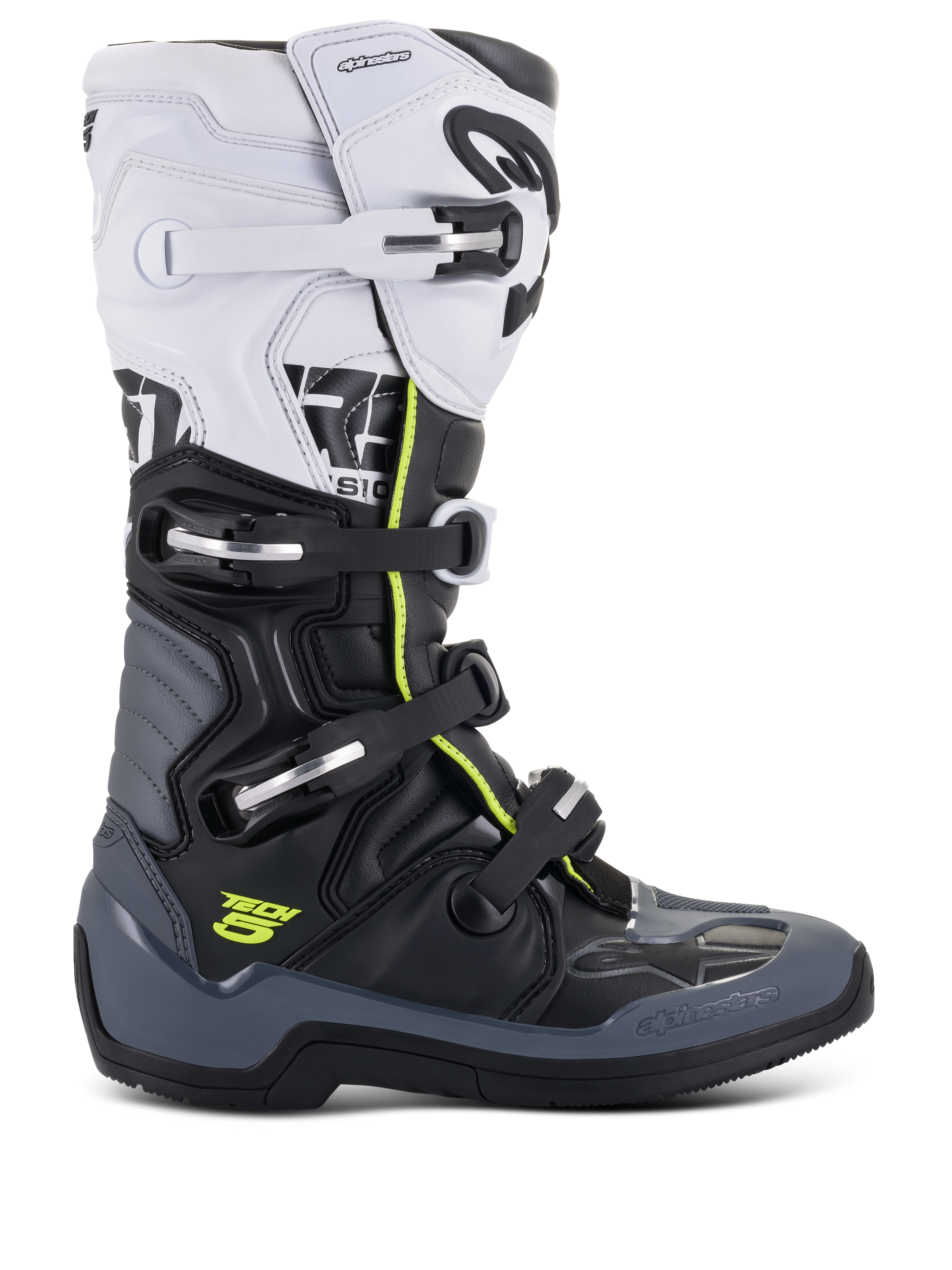 Stivali Alpinestars Tech 5, stivali da gara motocross, bianco, nero e grigio scuro con accenti giallo fluo, sistema di chiusura a quattro fibbie, pannelli protettivi rinforzati e perno biomeccanico, struttura in microfibra premium per prestazioni off-road