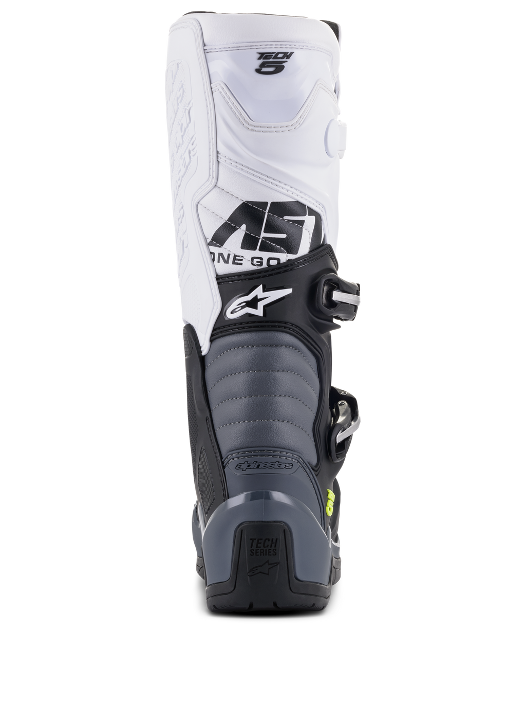 Alpinestars Tech 5 Boots, stivali da motocross, nero, grigio scuro e bianco, vista posteriore che mostra la tomaia bianca con marchio Tech 5, zone di flessione a fisarmonica grigie e protezione del tallone nera con logo Tech Series