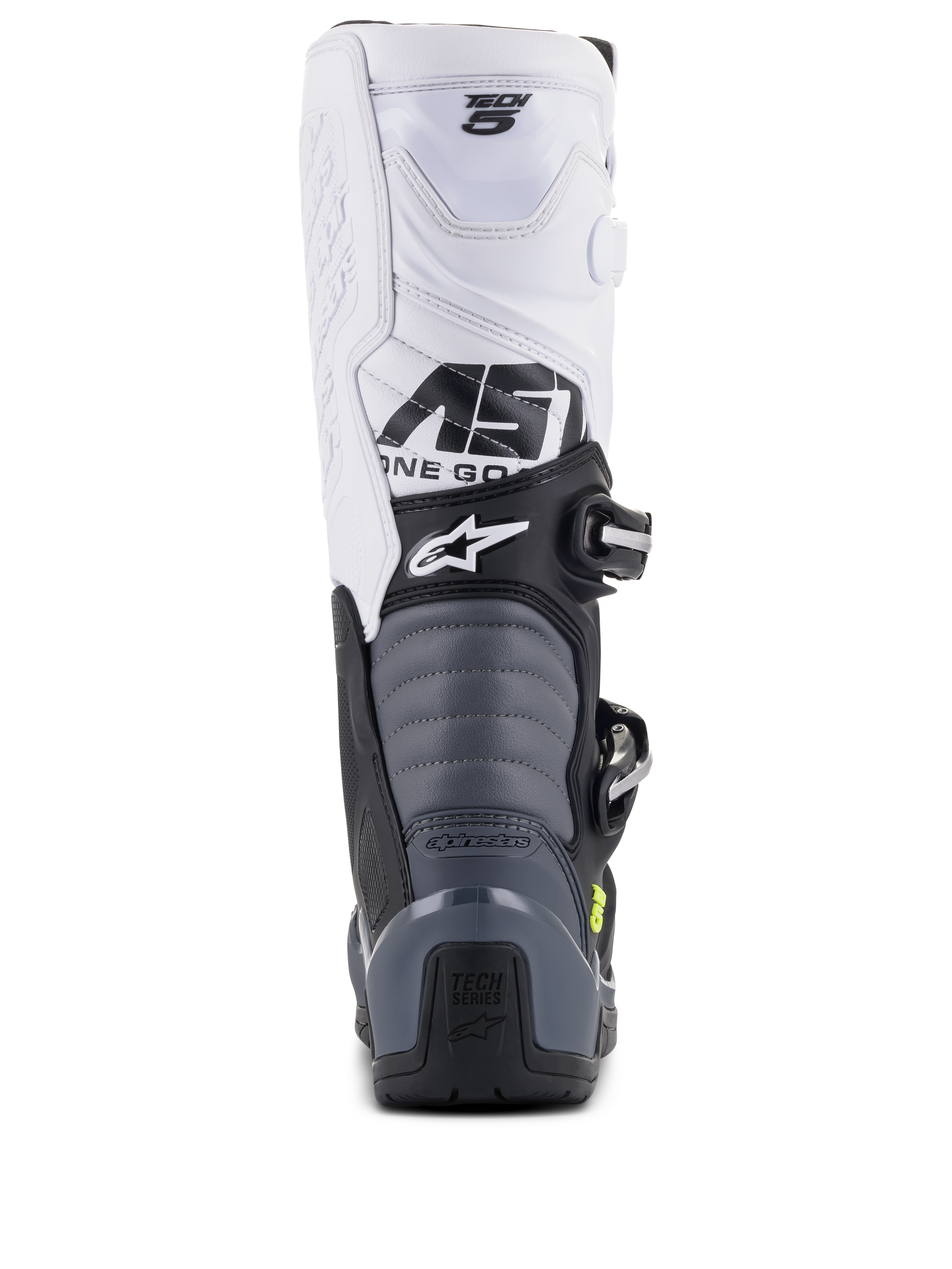 Alpinestars Tech 5 Boots, stivali da motocross, nero, grigio scuro e bianco, vista posteriore che mostra la tomaia bianca con marchio Tech 5, zone di flessione a fisarmonica grigie e protezione del tallone nera con logo Tech Series