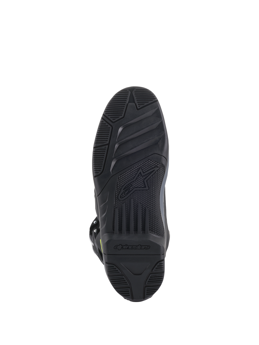Stivali Alpinestars Tech 5, vista della suola, nero, motivo del battistrada testurizzato per aderenza fuoristrada, con logo Alpinestars e simbolo della stella in rilievo, struttura resistente per calzature da motocross