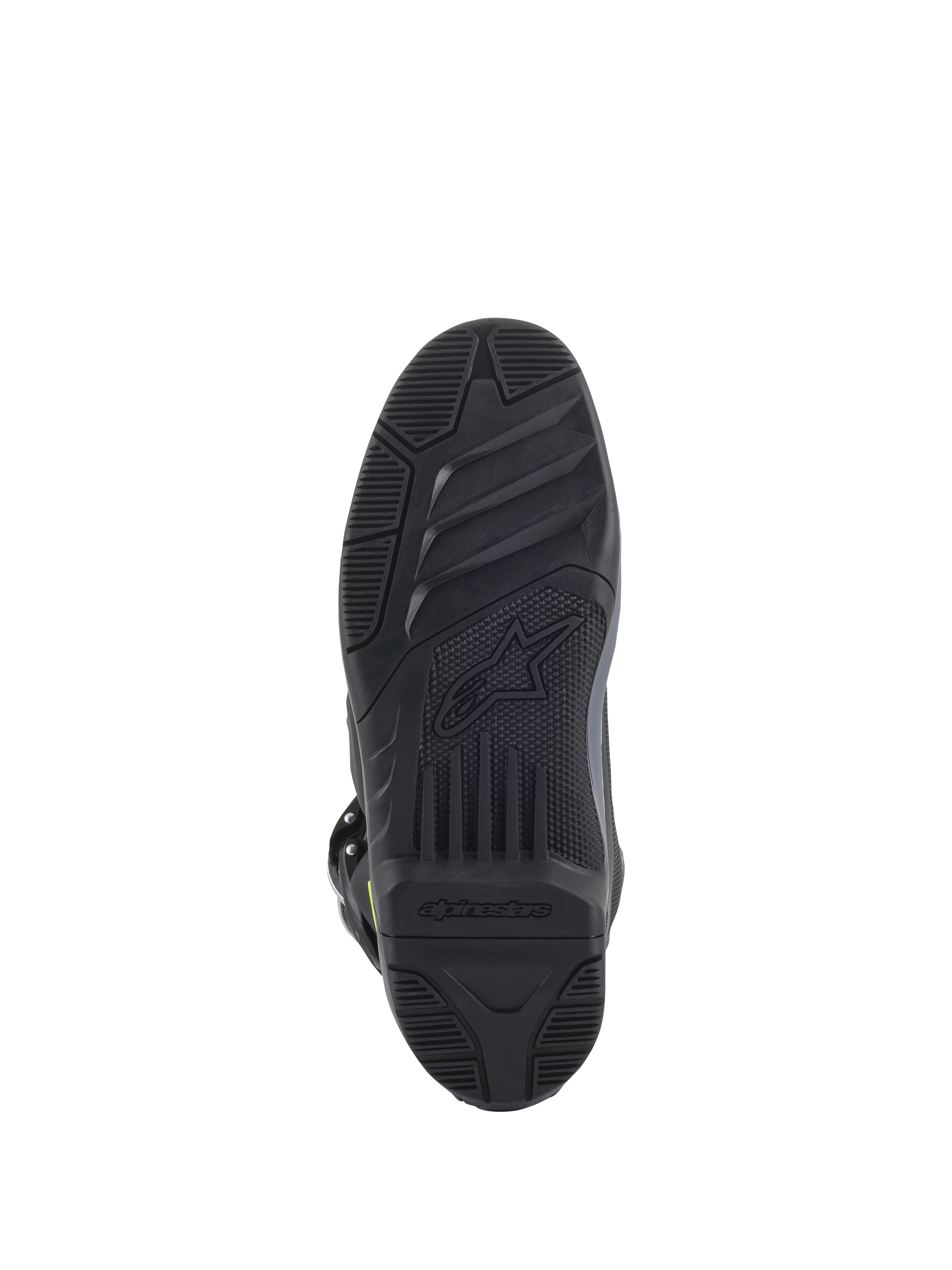 Stivali Alpinestars Tech 5, vista della suola, nero, motivo del battistrada testurizzato per aderenza fuoristrada, con logo Alpinestars e simbolo della stella in rilievo, struttura resistente per calzature da motocross