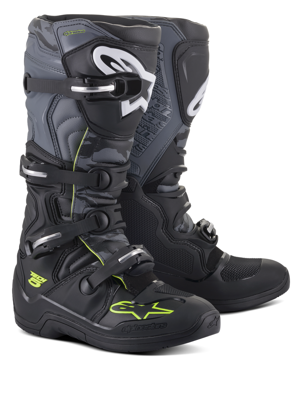 Stivali Alpinestars Tech 5, stivali da motocross e off-road, nero, grigio freddo e giallo fluo, sistema di chiusura a quattro fibbie, loghi bianchi sulla tibia e accenti giallo neon, struttura in microfibra resistente per prestazioni off-road